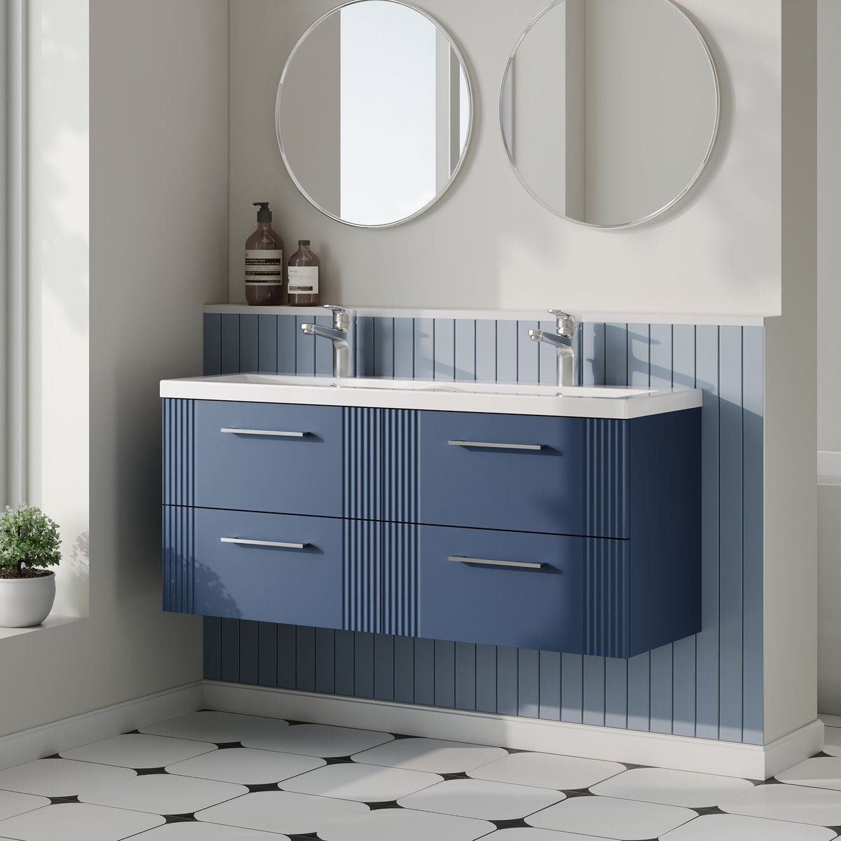 Modern Splash 1200mm Satin Blue 4 Drawer Wall Hung Vanity Unit With 2 Tap Hole Ceramic Basin