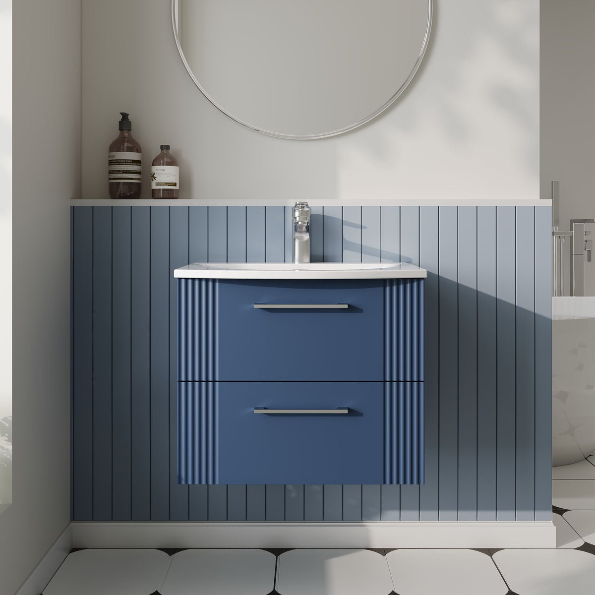 Modern Splash 600mm Satin Blue 2 Drawer Wall Hung Vanity Unit With Curved Basin