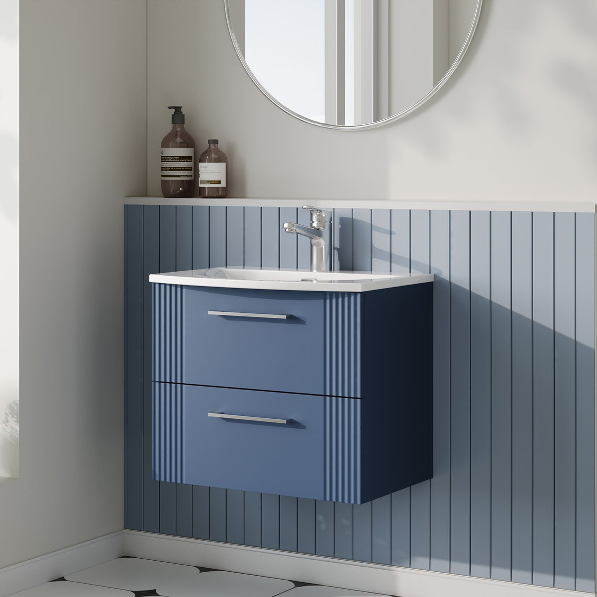 Modern Splash 600mm Satin Blue 2 Drawer Wall Hung Vanity Unit With Curved Basin