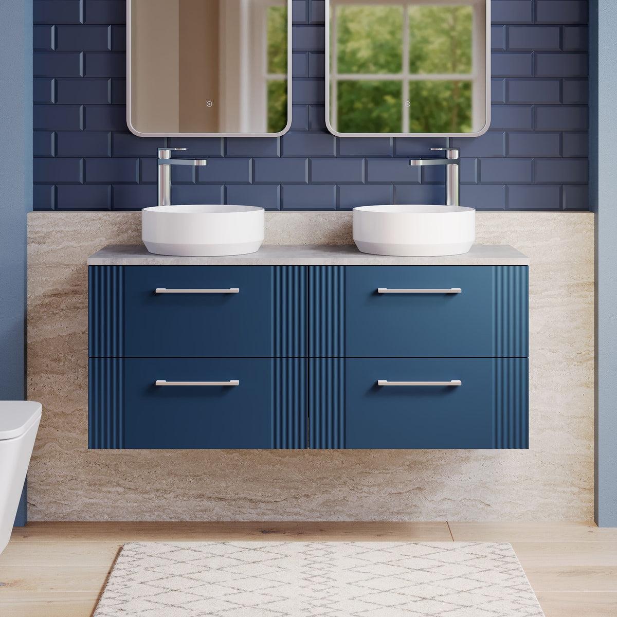 Modern Splash 1215mm Satin Blue Fluted 4 Drawer Wall Hung Vanity Unit With Bellato Grey Worktop