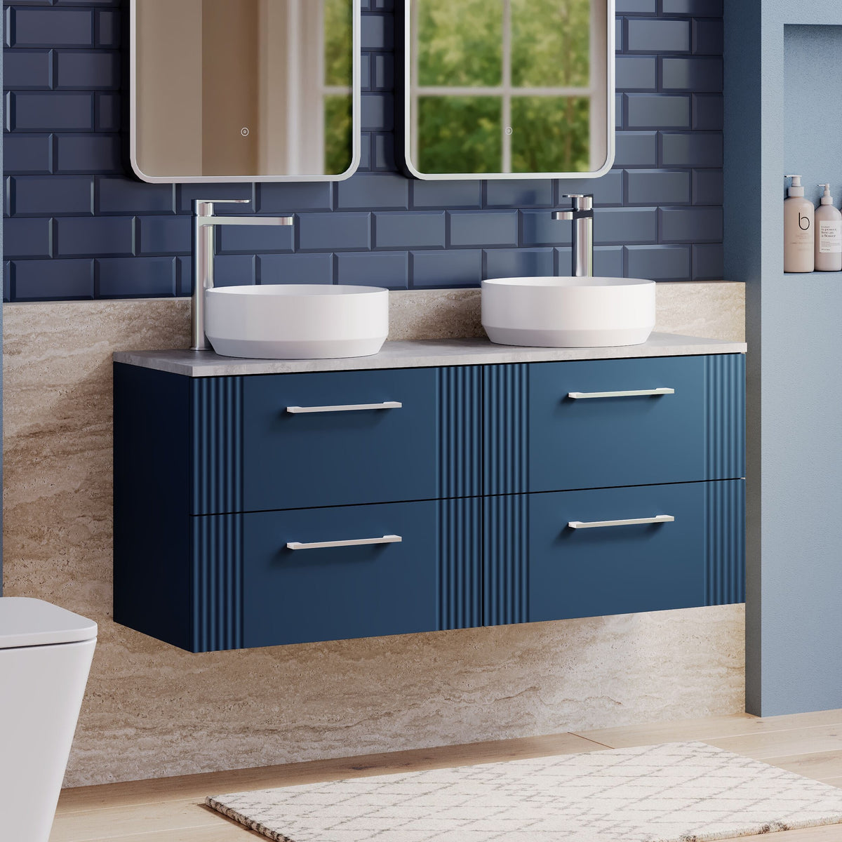 Modern Splash 1215mm Satin Blue Fluted 4 Drawer Wall Hung Vanity Unit With Bellato Grey Worktop