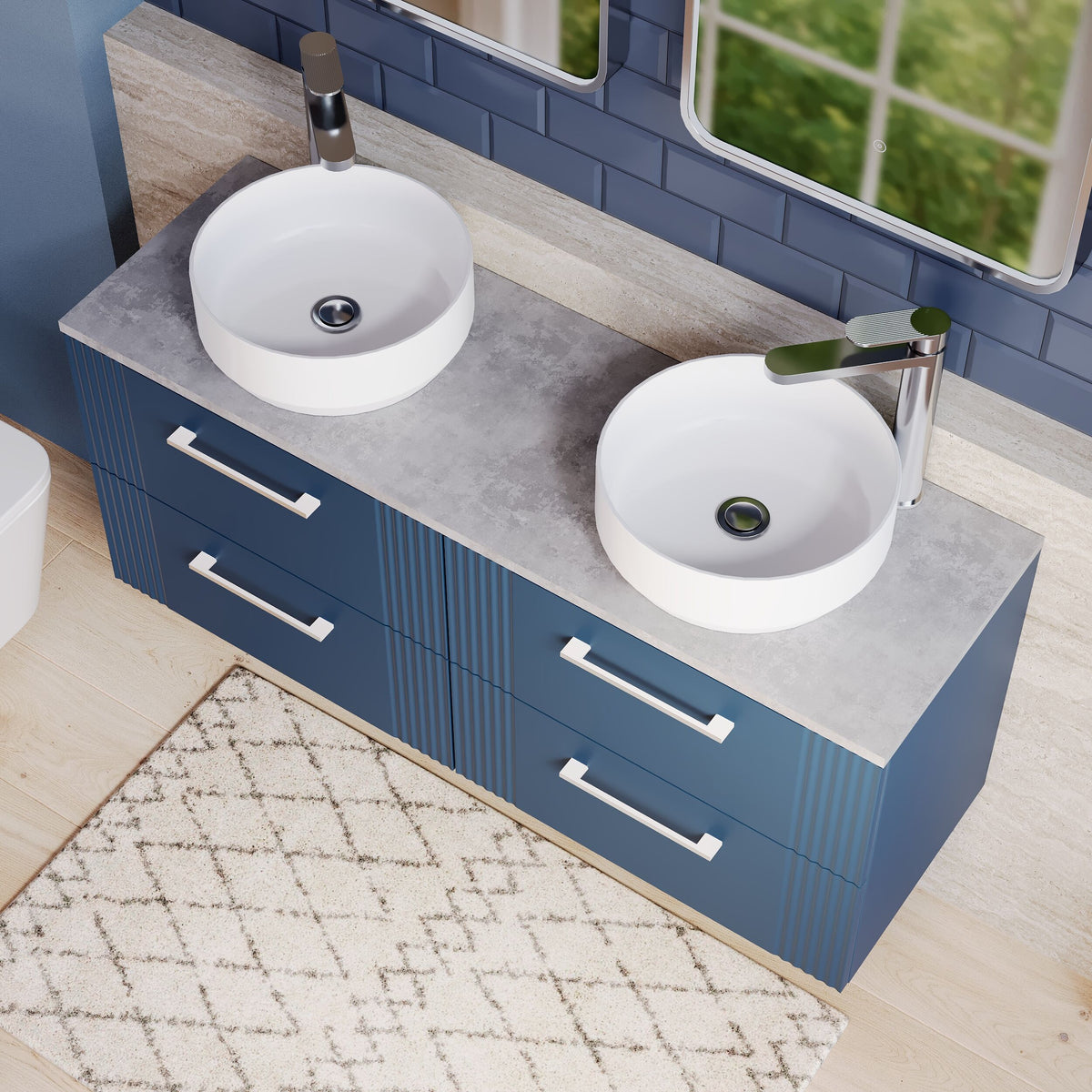 Modern Splash 1215mm Satin Blue Fluted 4 Drawer Wall Hung Vanity Unit With Bellato Grey Worktop