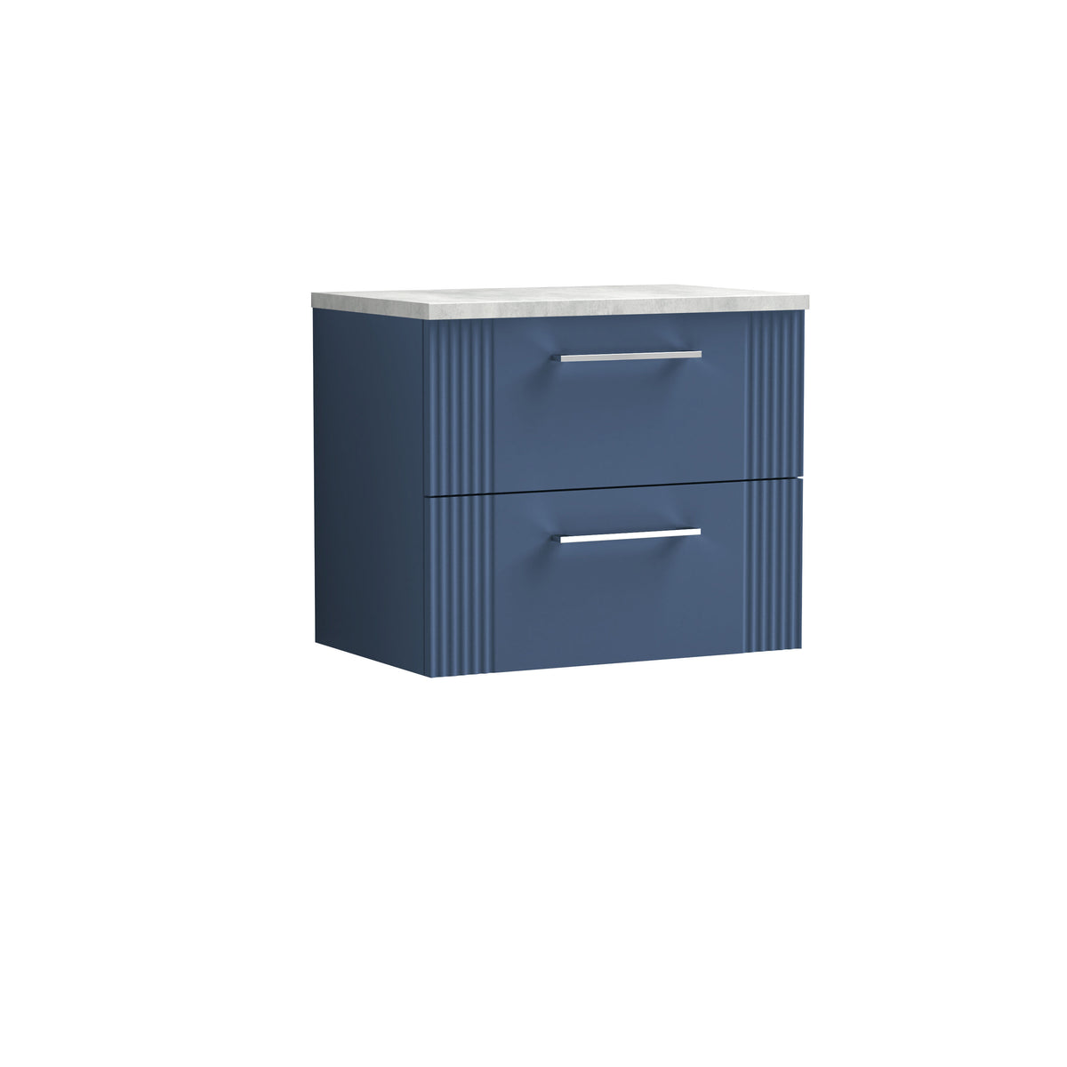 Modern Splash 600mm Satin Blue Fluted 2 Drawer Wall Hung Vanity Unit With Bellato Grey Worktop