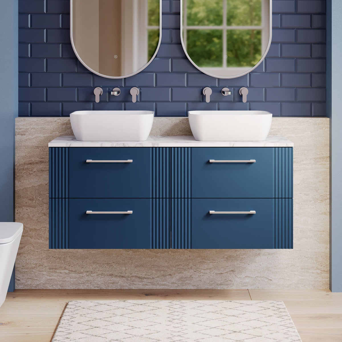 Modern Splash 1200mm Satin Blue 4 Drawer Wall Hung Vanity With Carrara Laminate Worktop