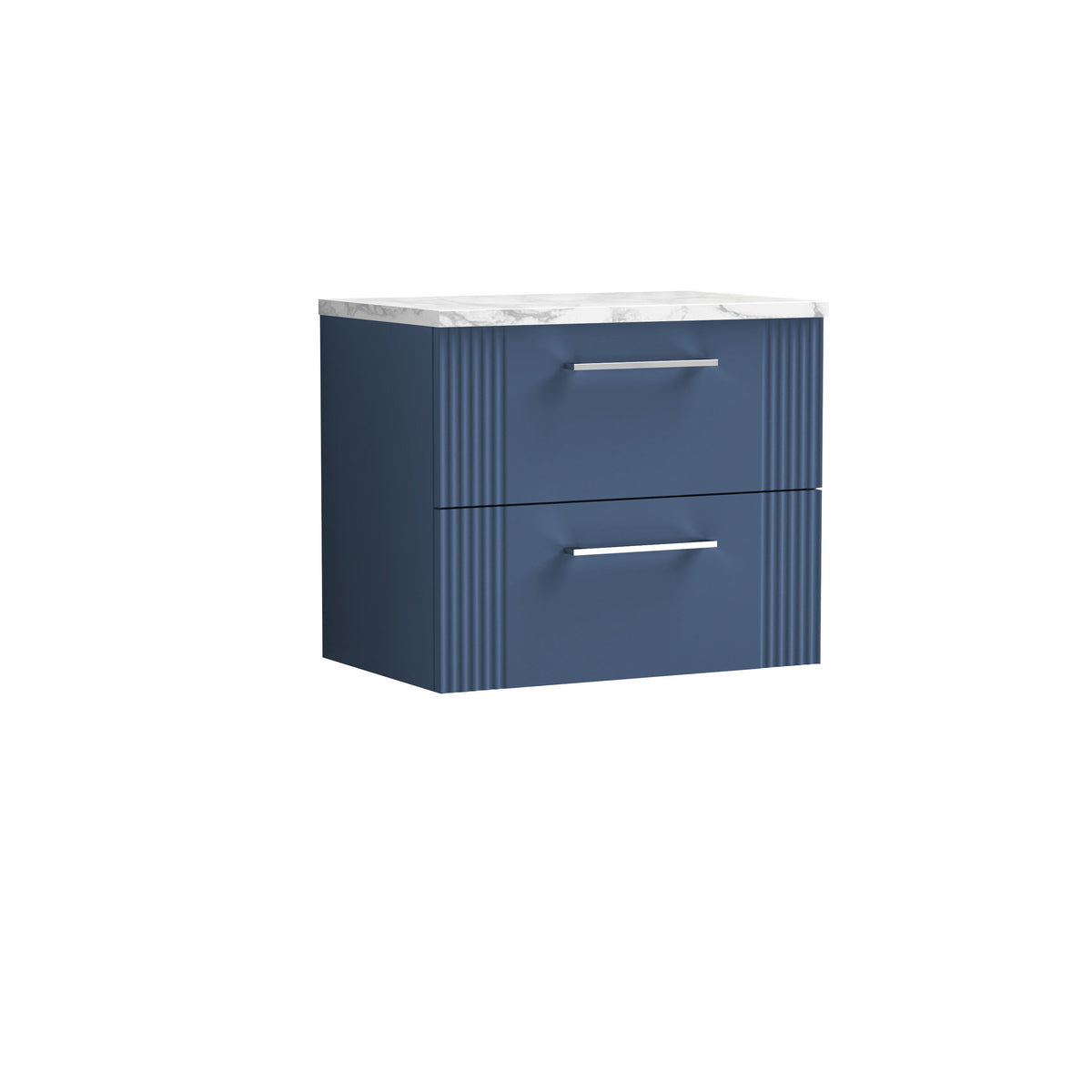 Modern Splash 600mm Satin Blue Part Fluted 2 Drawer Wall Hung Vanity With Carrara Laminate Worktop