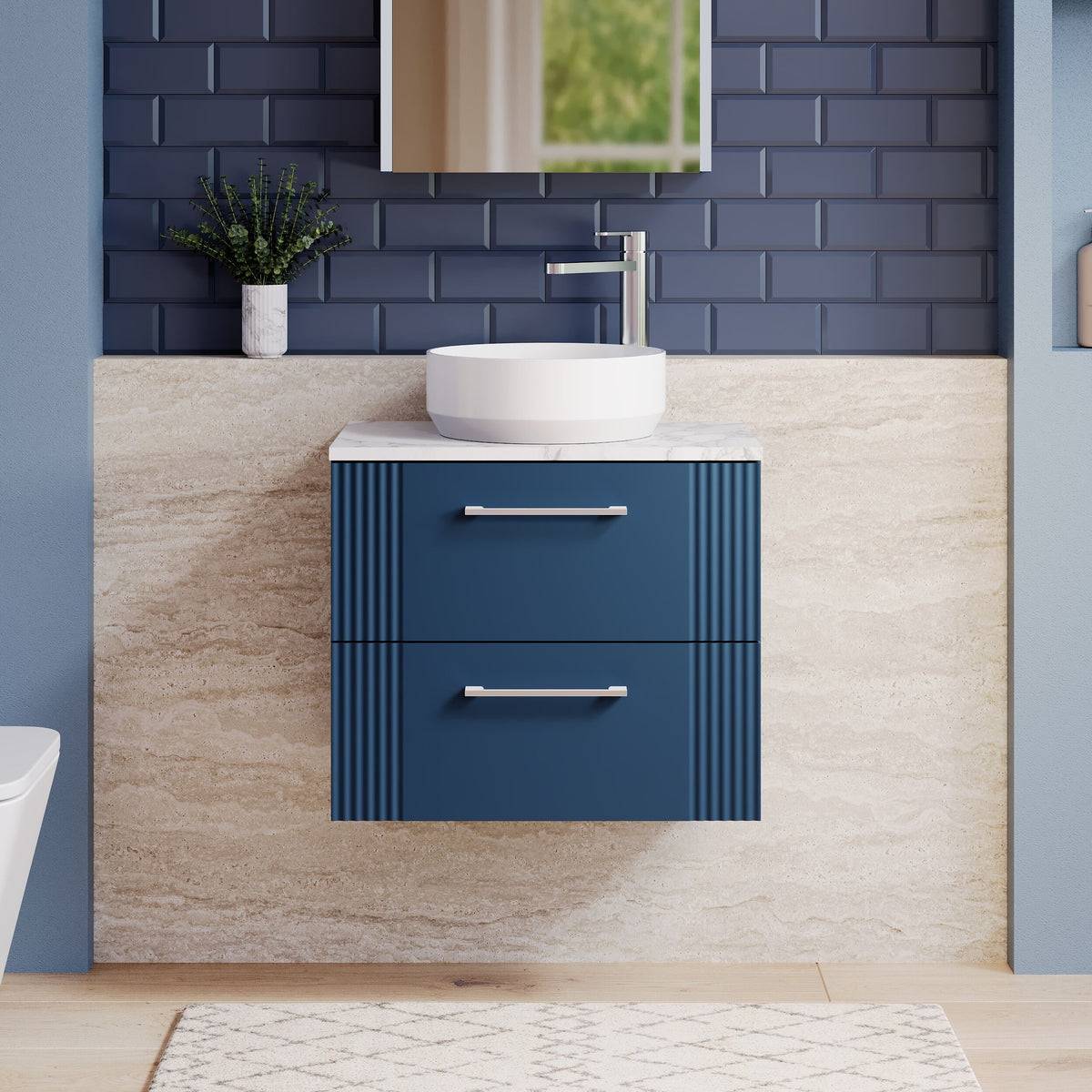 Modern Splash 600mm Satin Blue Part Fluted 2 Drawer Wall Hung Vanity With Carrara Laminate Worktop