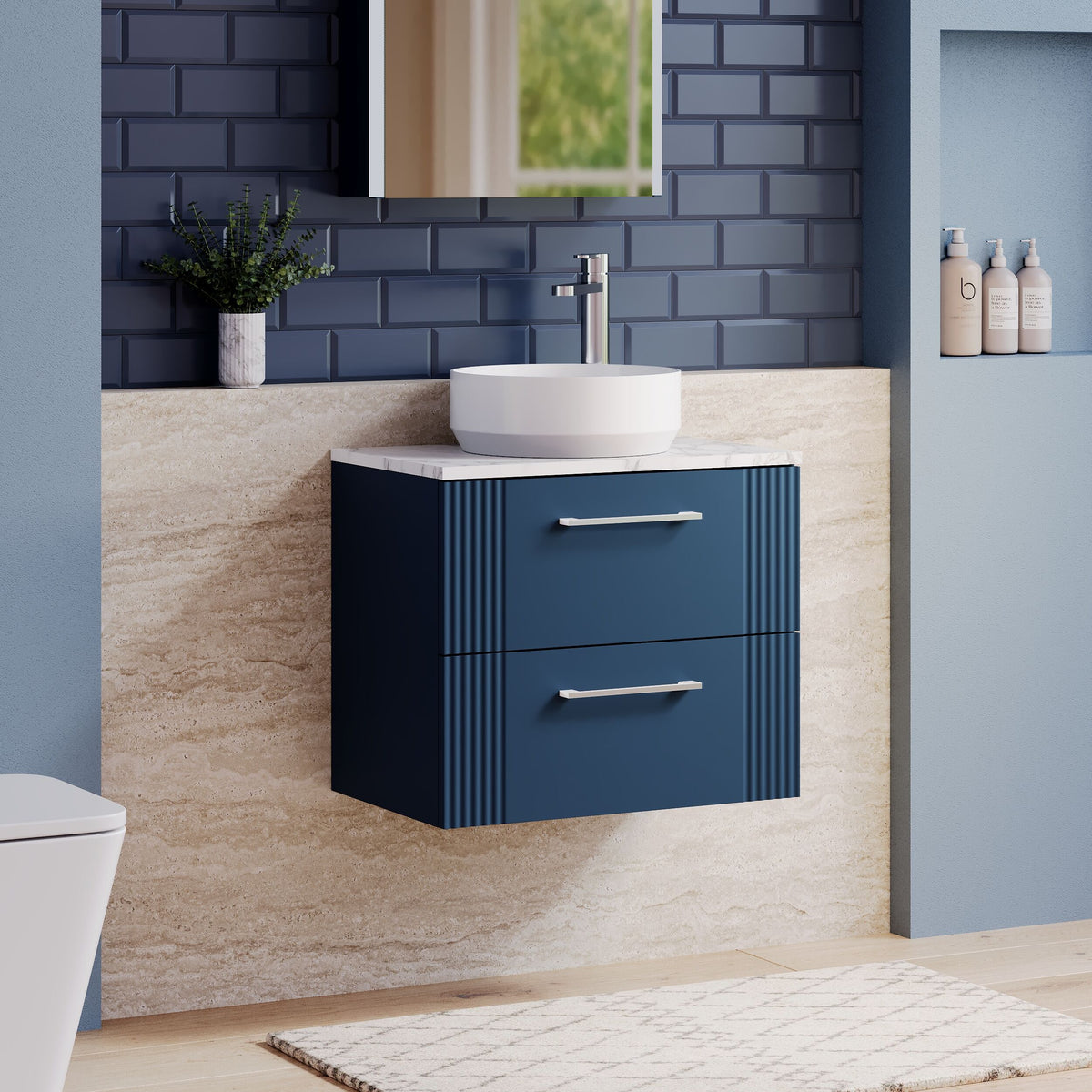 Modern Splash 600mm Satin Blue Part Fluted 2 Drawer Wall Hung Vanity With Carrara Laminate Worktop