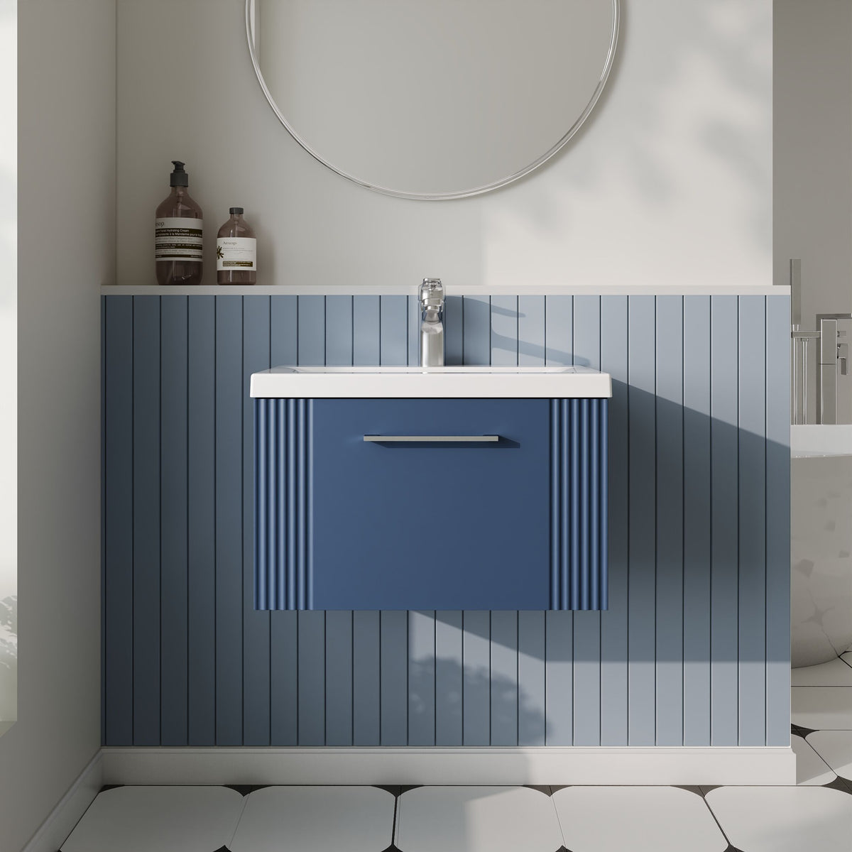Modern Splash 600mm Satin Blue 1 Drawer Wall Hung Vanity Unit With Mid-Edge Basin