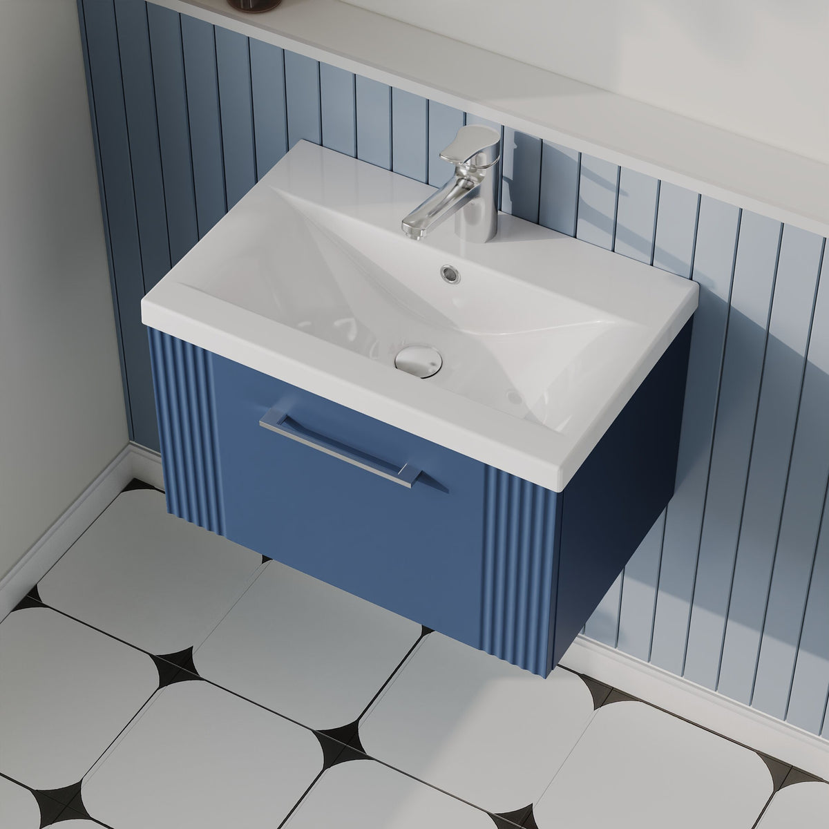 Modern Splash 600mm Satin Blue 1 Drawer Wall Hung Vanity Unit With Mid-Edge Basin