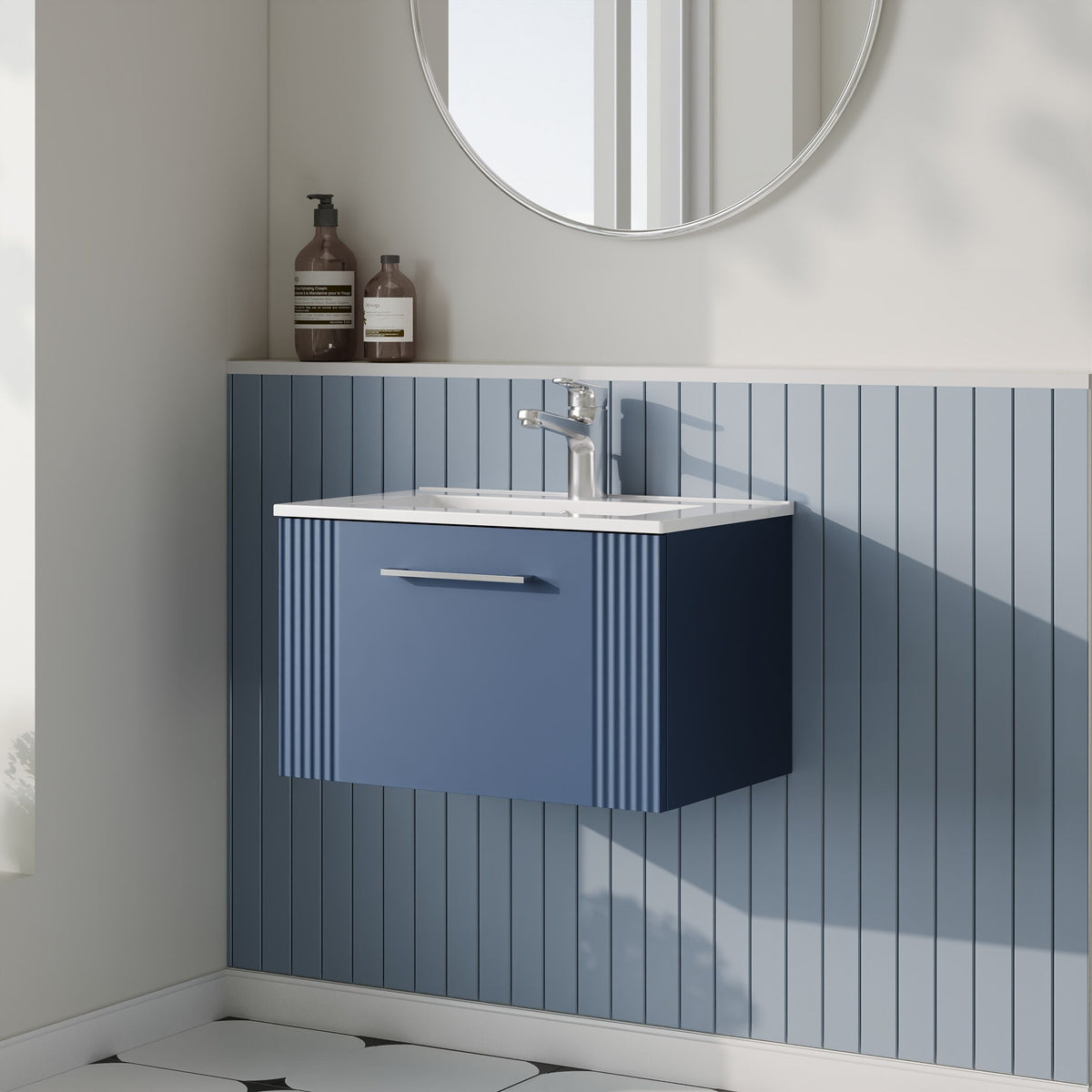 Modern Splash 600mm Satin Blue 1 Drawer Wall Hung Vanity Unit With Minimalist Basin