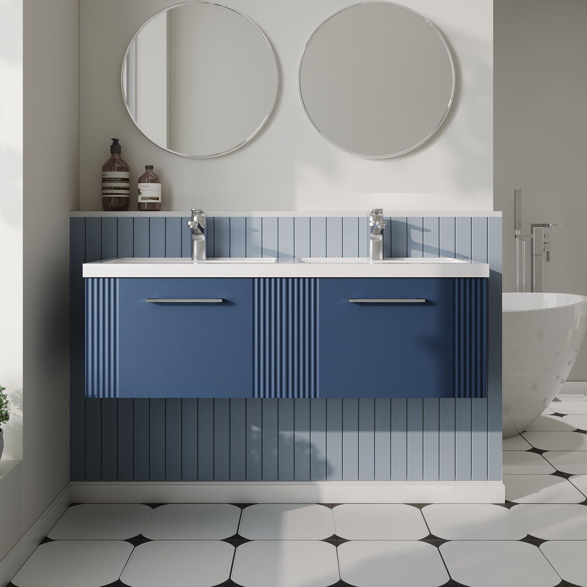 Modern Splash 1200mm Satin Blue 2 Drawer Wall Hung Vanity Unit With 2 Tap Hole Polymarble basin
