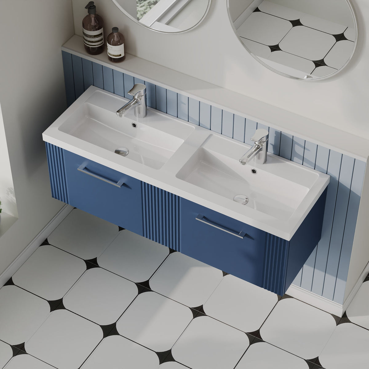 Modern Splash 1200mm Satin Blue 2 Drawer Wall Hung Vanity Unit With 2 Tap Hole Polymarble basin
