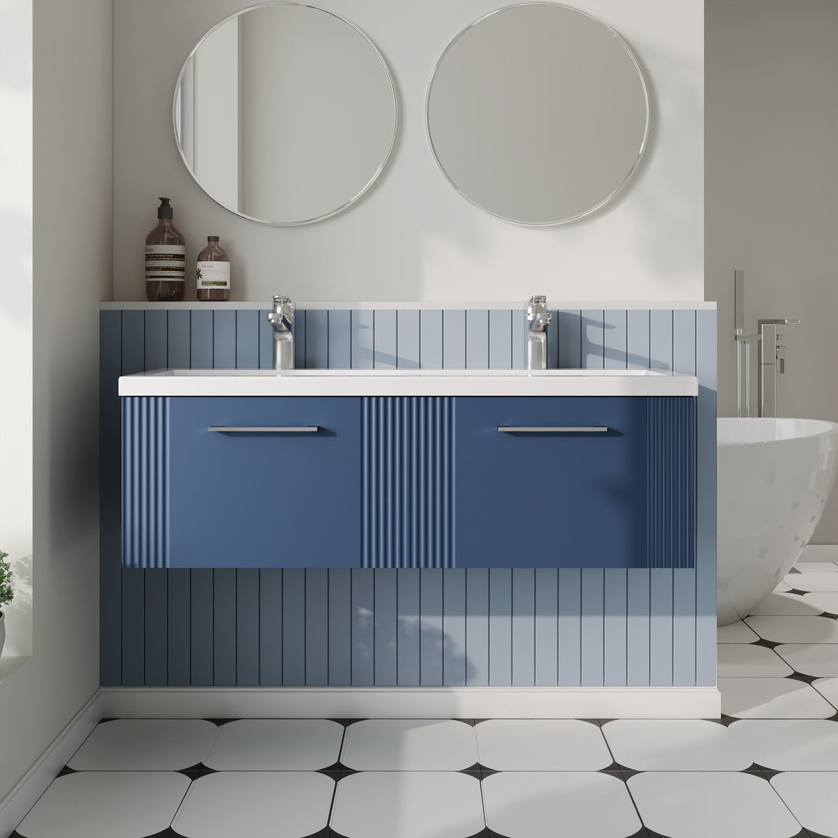 Modern Splash 1200mm Satin Blue 2 Drawer Wall Hung Vanity Unit With 2 Tap Hole Ceramic Basin