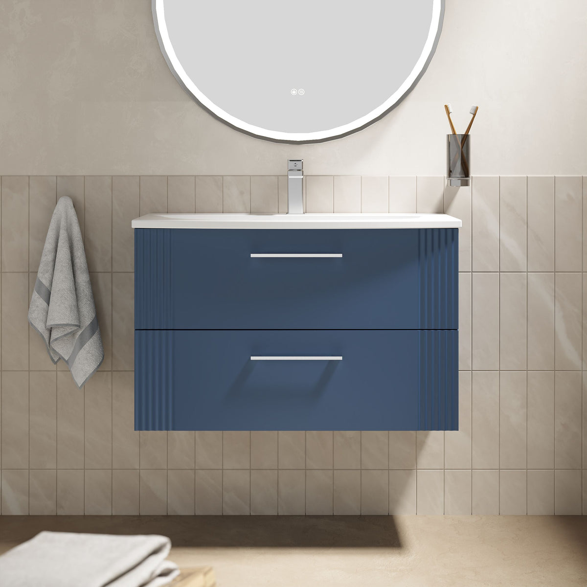 Modern Splash 800mm Satin Blue 2 Drawer Wall Hung Vanity Unit With Curved Basin