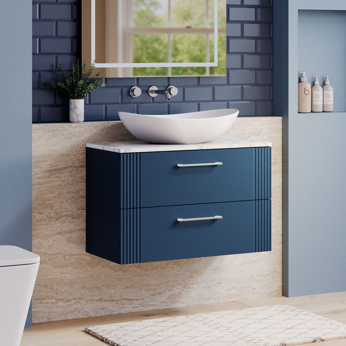 Modern Splash 800mm Satin Blue 2 Drawer Wall Hung Vanity Unit With Carrara Laminate Worktop