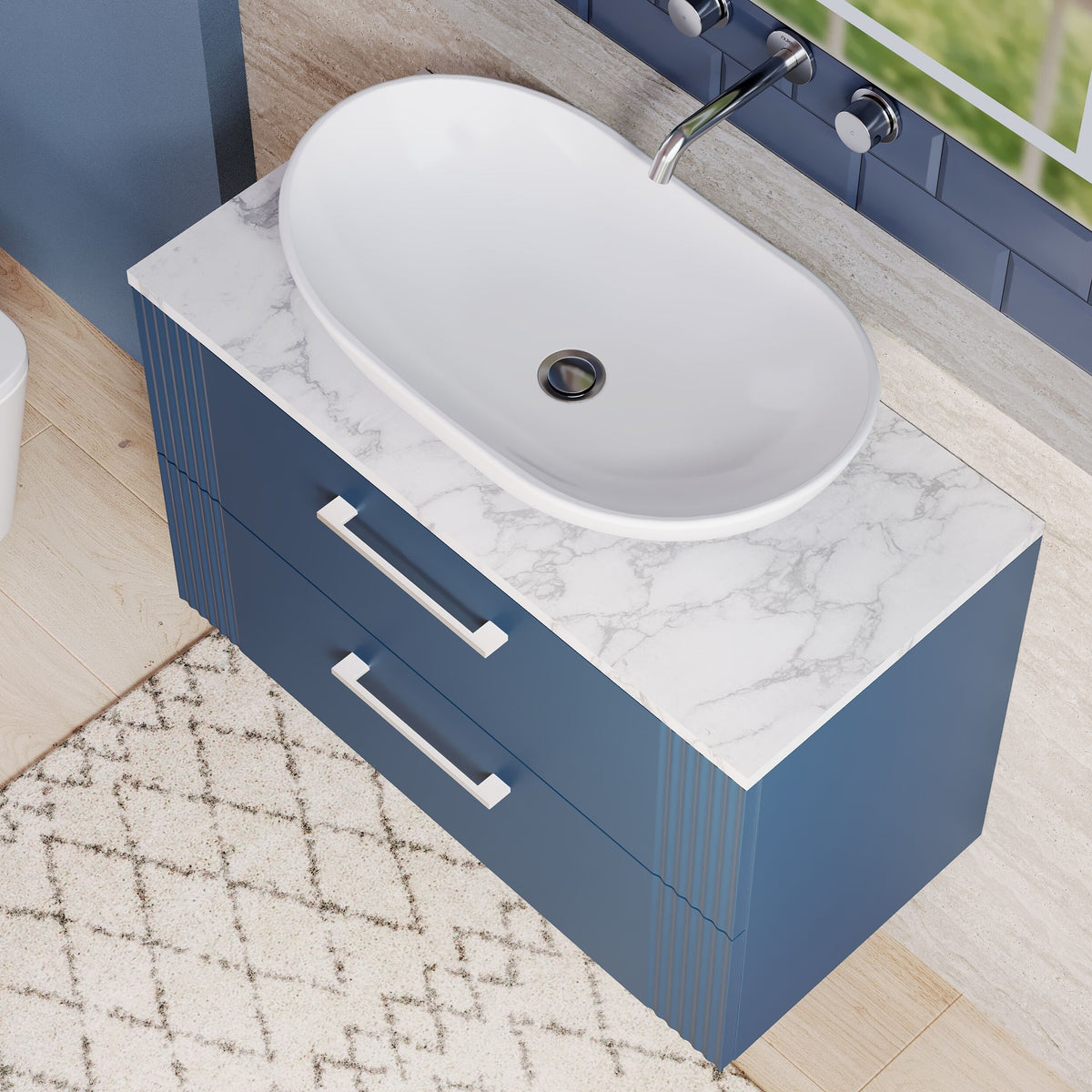 Modern Splash 800mm Satin Blue 2 Drawer Wall Hung Vanity Unit With Carrara Laminate Worktop