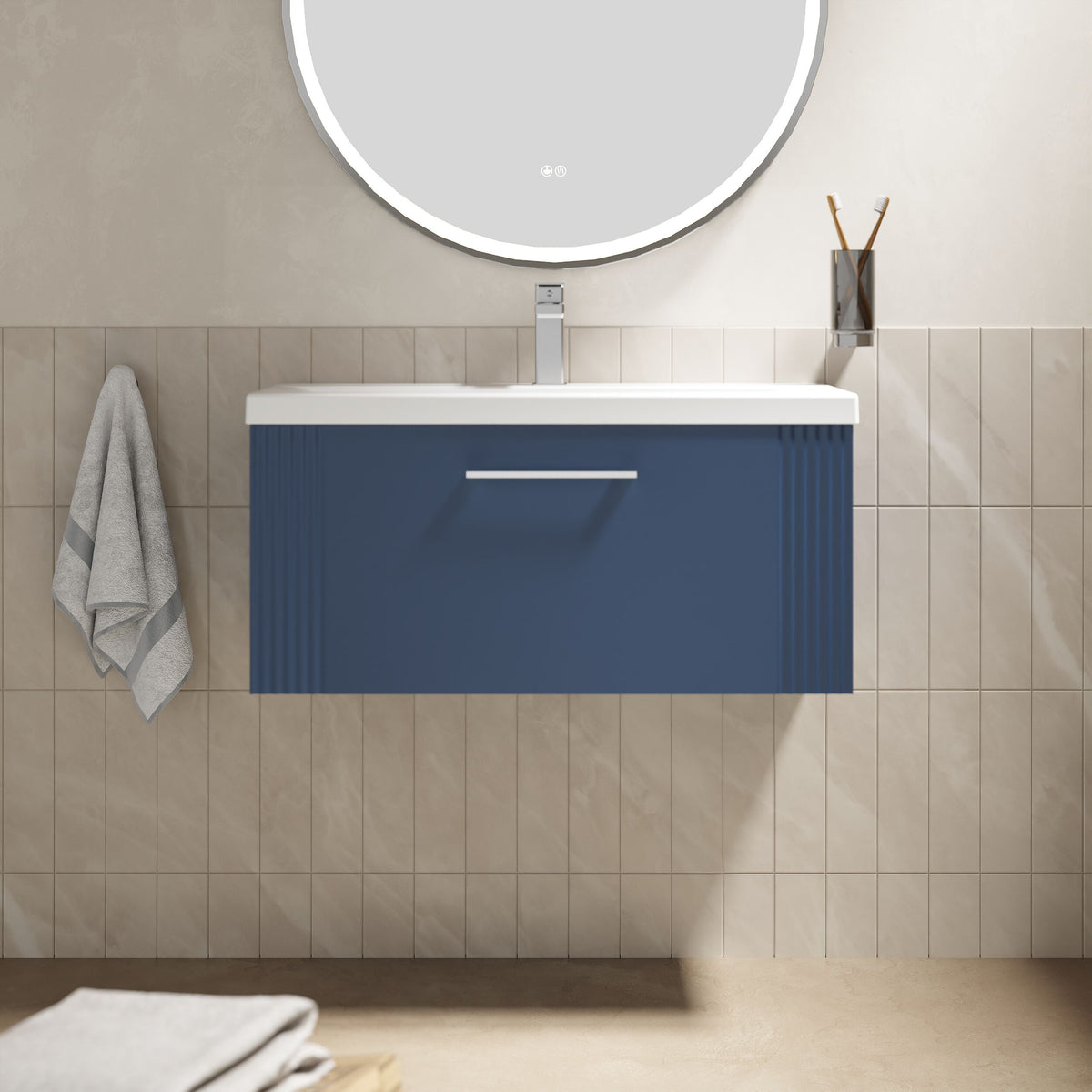 Modern Splash 800mm Satin Blue 1 Drawer Wall Hung Vanity Unit With Mid-Edge Basin