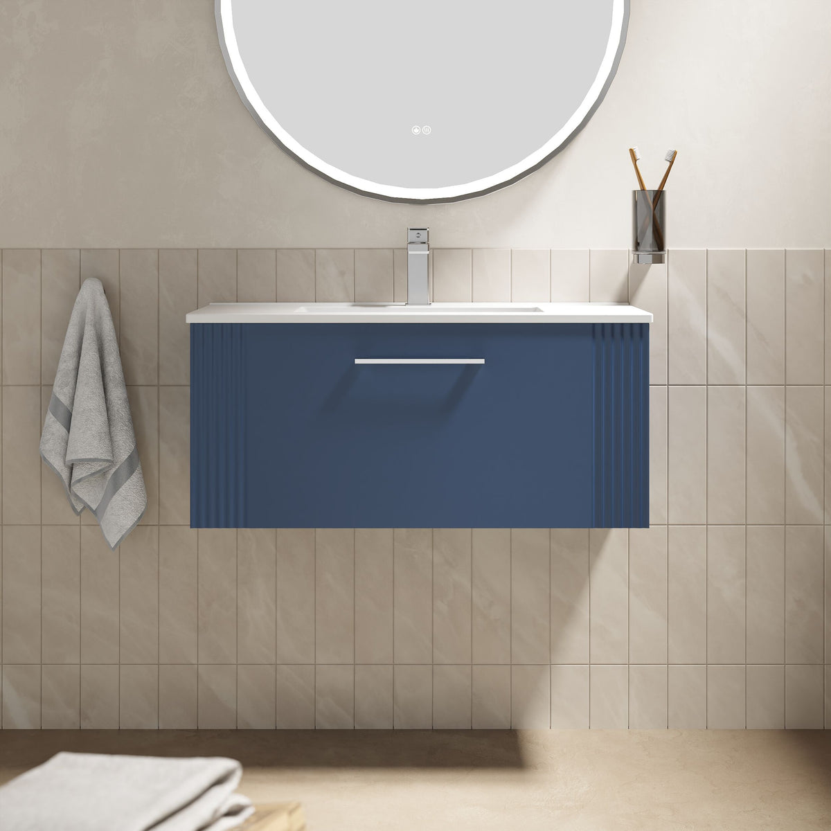 Modern Splash 800mm Satin Blue 1 Drawer Wall Hung Vanity Unit With Minimalist Basin