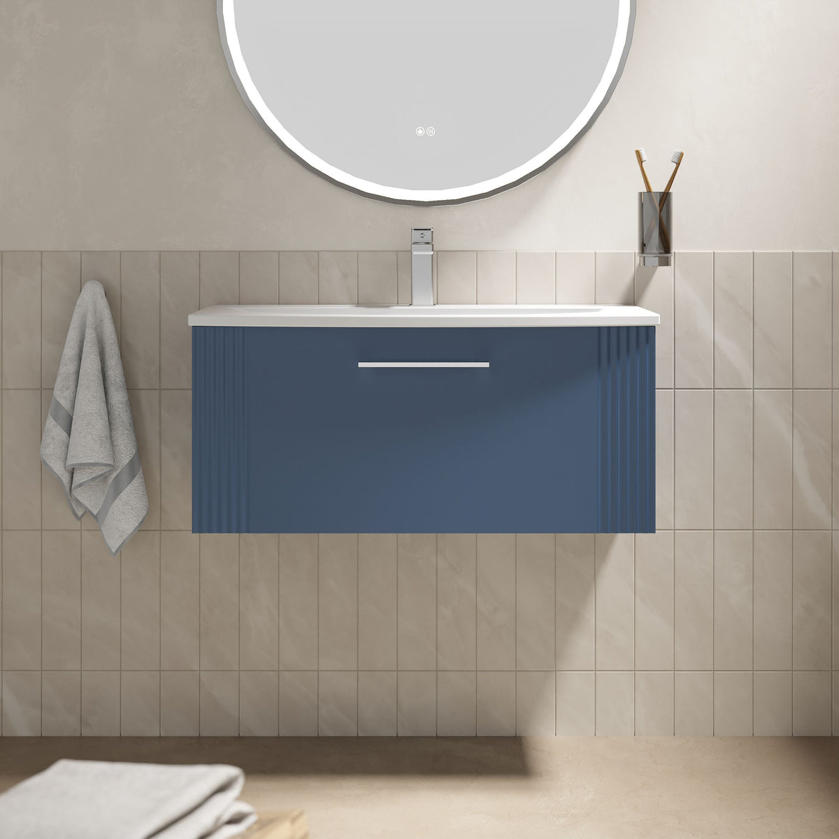 Modern Splash 800mm Satin Blue 1 Drawer Wall Hung Vanity Unit With Curved Basin