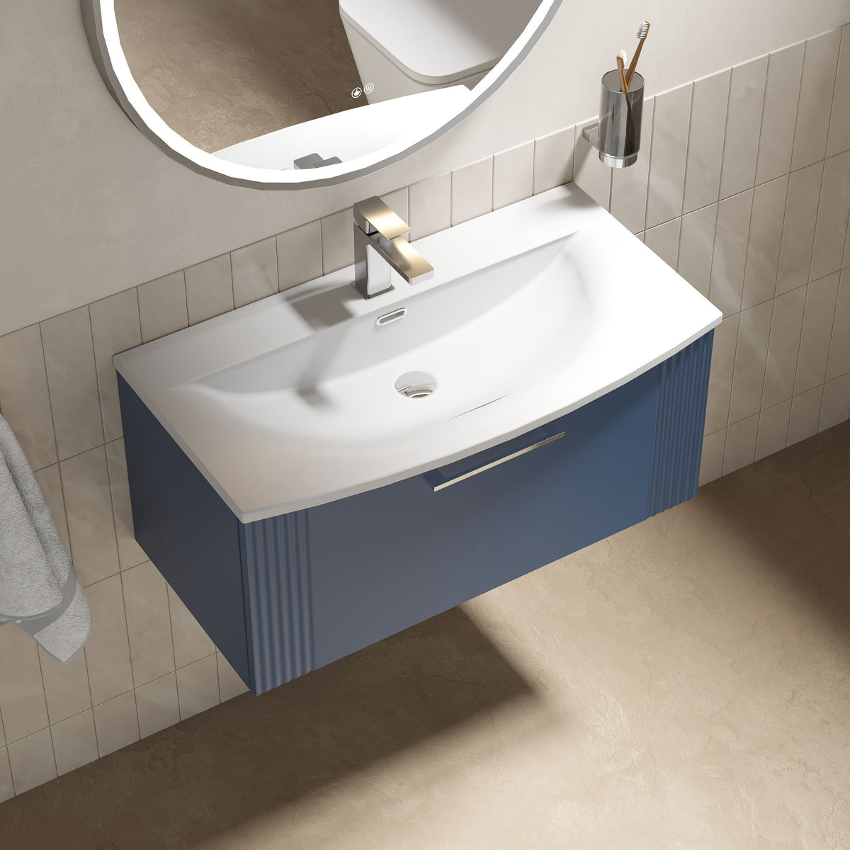 Modern Splash 800mm Satin Blue 1 Drawer Wall Hung Vanity Unit With Curved Basin
