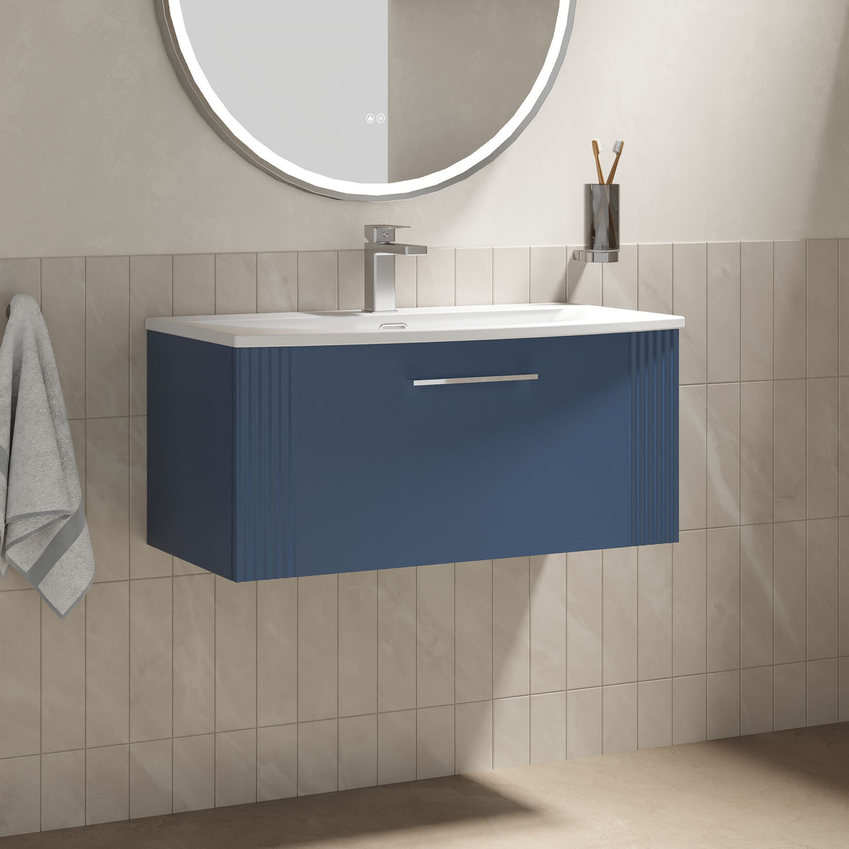 Modern Splash 800mm Satin Blue 1 Drawer Wall Hung Vanity Unit With Curved Basin