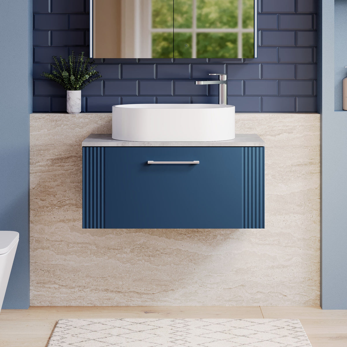 Modern Splash 800mm Satin Blue Part Fluted 1 Drawer Wall Hung Vanity Unit With Bellato Grey Worktop