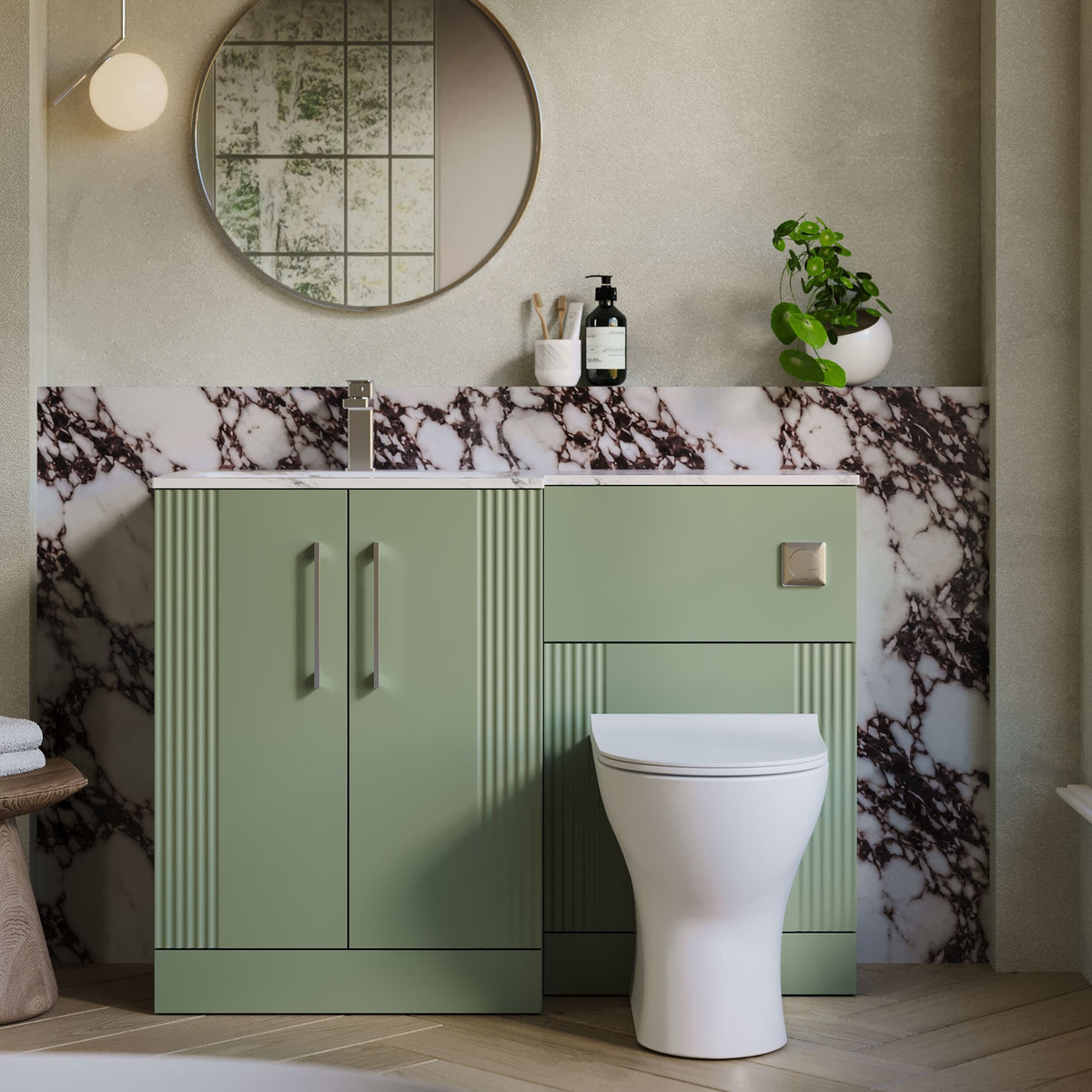 Modern Splash 1100mm Left-Hand 2 Door Satin Green Floor Standing Combination Unit With Stone Basin