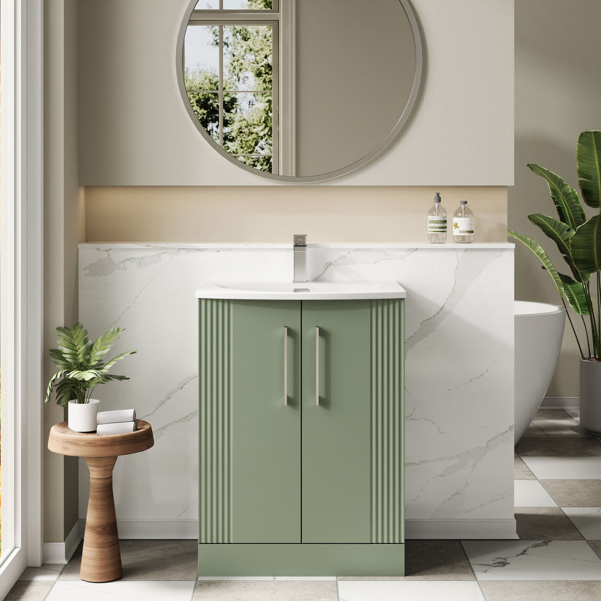 Modern Splash 600mm Satin Green 2 Door Floor Standing Vanity Unit With Curved Basin