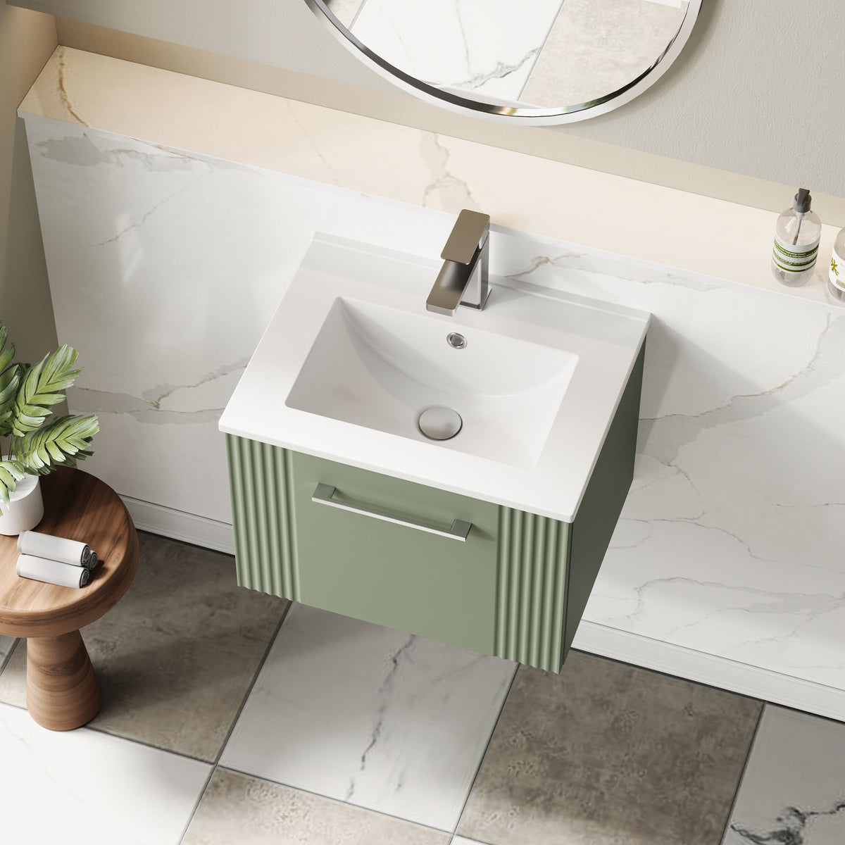 Modern Splash 500mm Satin Green 1 Drawer Wall Hung Vanity Unit With Minimalist Basin