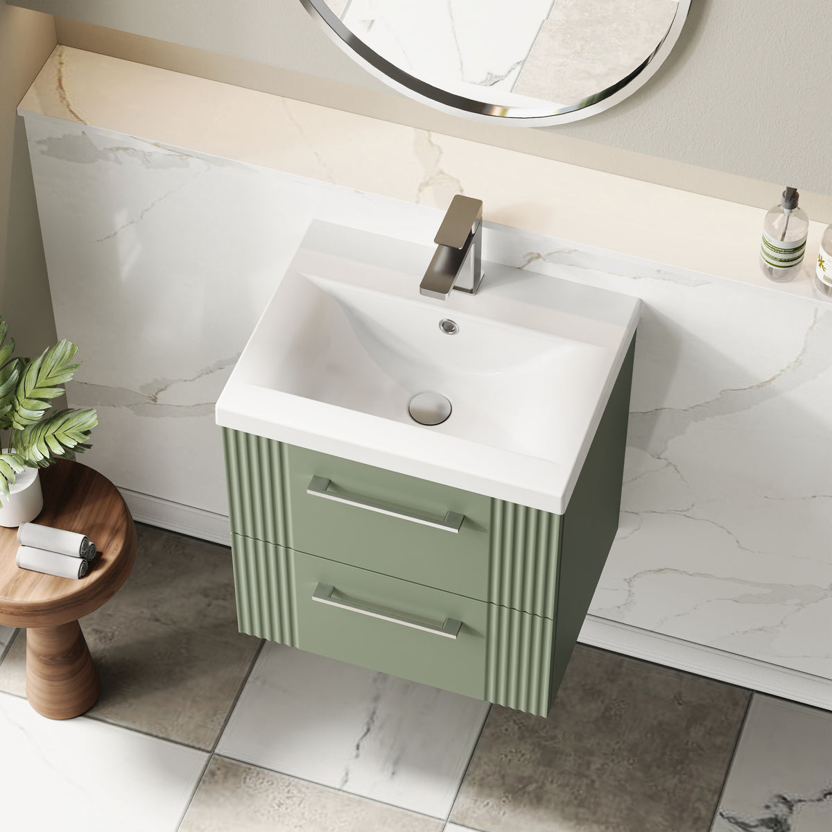 Modern Splash 500mm Satin Green 2 Drawer Wall Hung Vanity Unit With Mid-Edge Basin