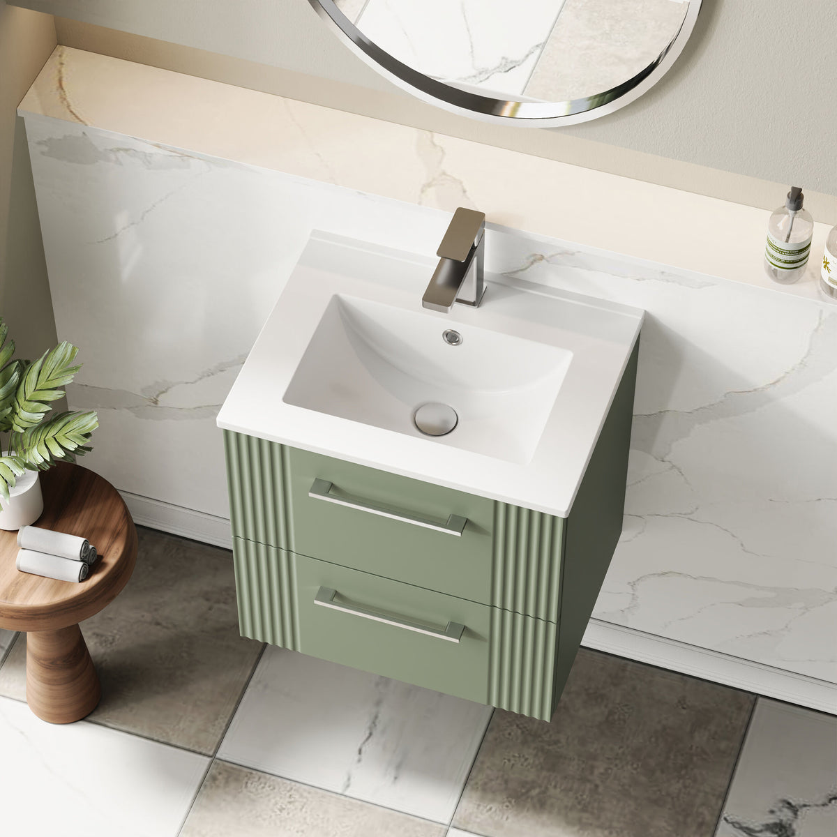 Modern Splash 500mm Satin Green 2 Drawer Wall Hung Vanity Unit With Minimalist Basin