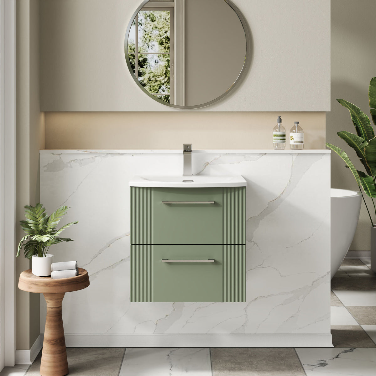 Modern Splash 500mm Satin Green 2 Drawer Wall Hung Vanity Unit With Curved Basin