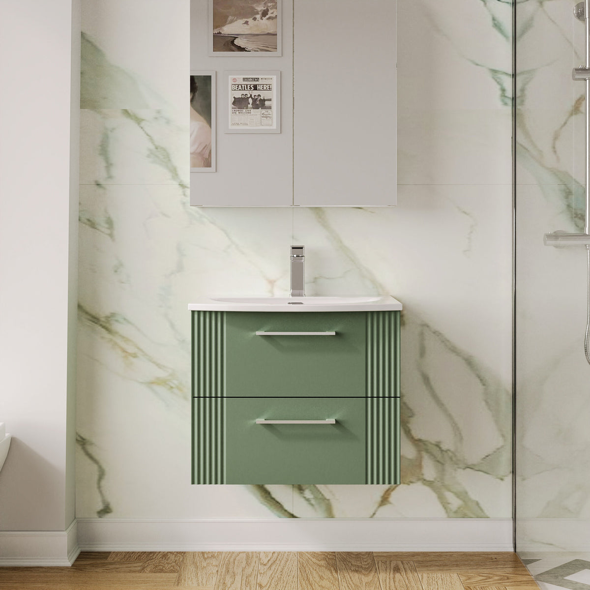 Modern Splash 600mm Satin Green 2 Drawer Wall Hung Vanity Unit With Curved Basin