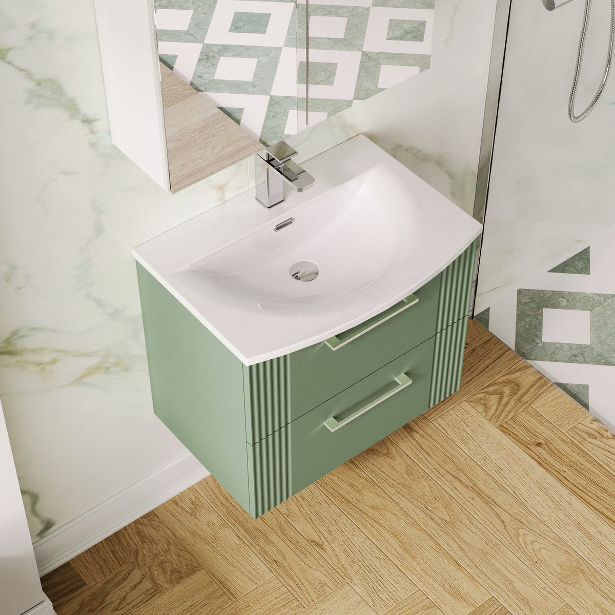 Modern Splash 600mm Satin Green 2 Drawer Wall Hung Vanity Unit With Curved Basin
