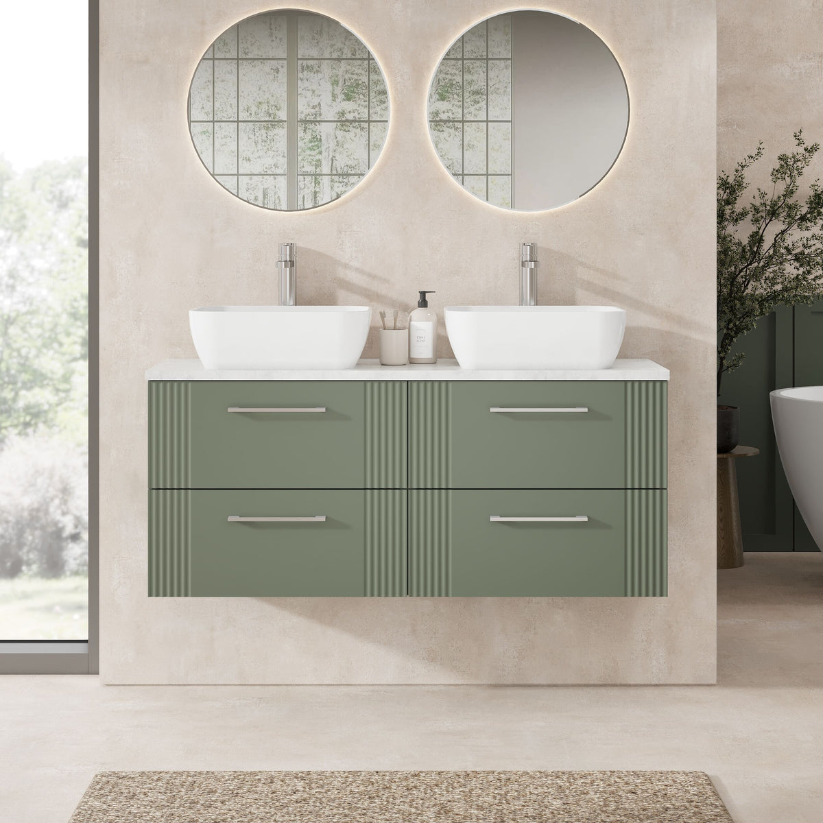 Modern Splash 1200mm Satin Green 4 Drawer Wall Hung Vanity Unit With Bellato Grey Worktop