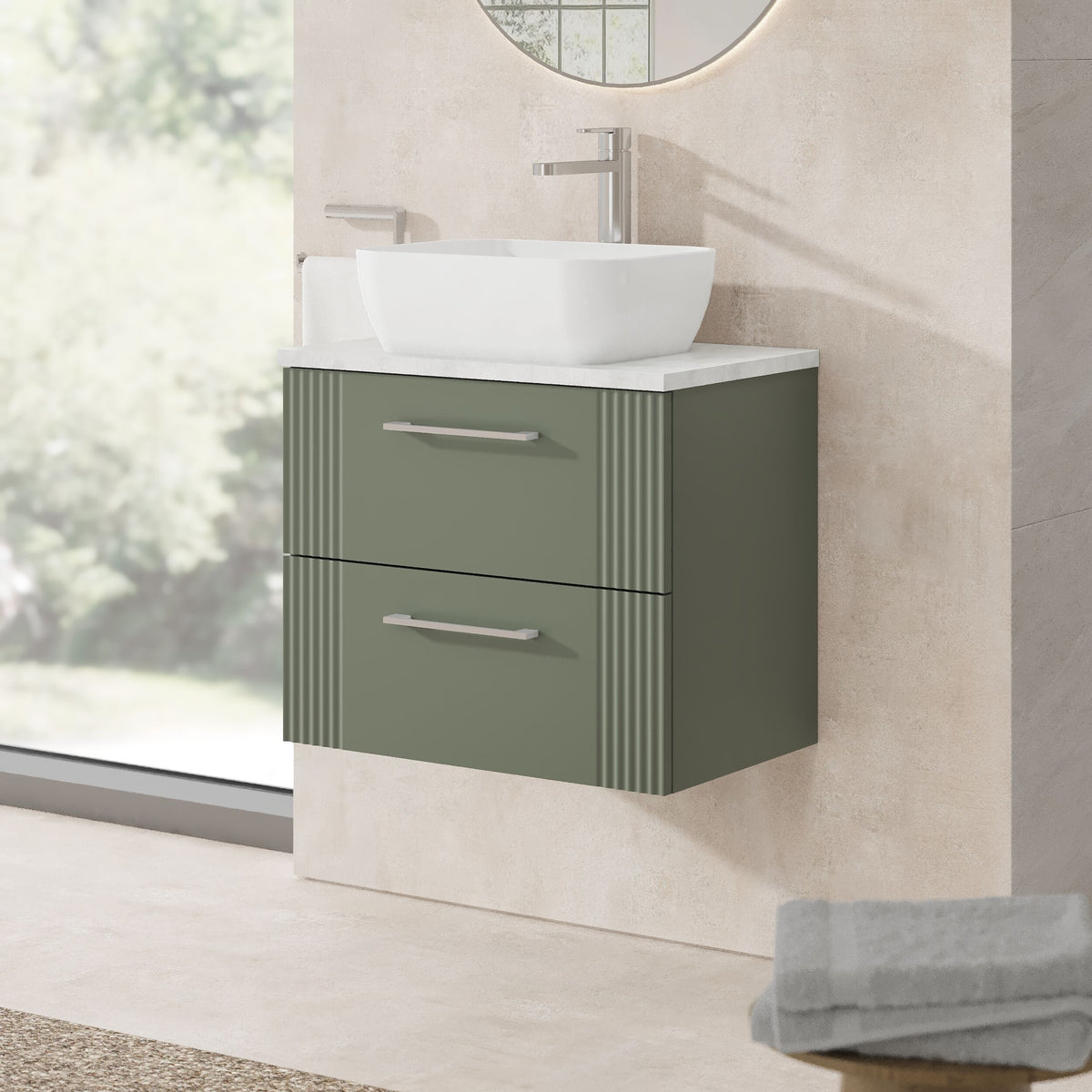 Modern Splash 600mm Satin Green 2 Drawer Wall Hung Vanity Unit With Bellato Grey Worktop