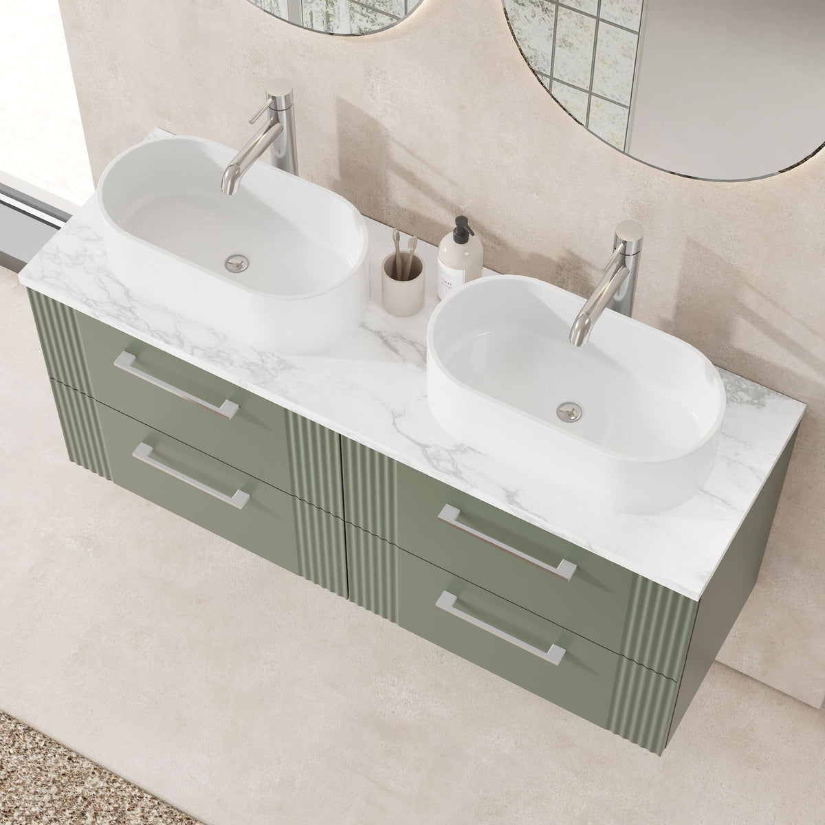 Modern Splash 1200mm Satin Green Fluted 4 Drawer Wall Hung Vanity With Carrara Laminate Worktop