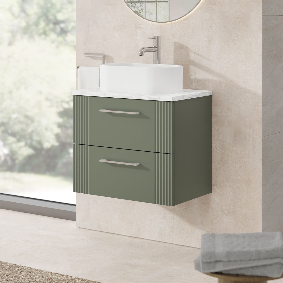 Modern Splash 600mm Satin Green Fluted 2 Drawer Wall Hung Vanity Unit With Carrara Laminate Worktop
