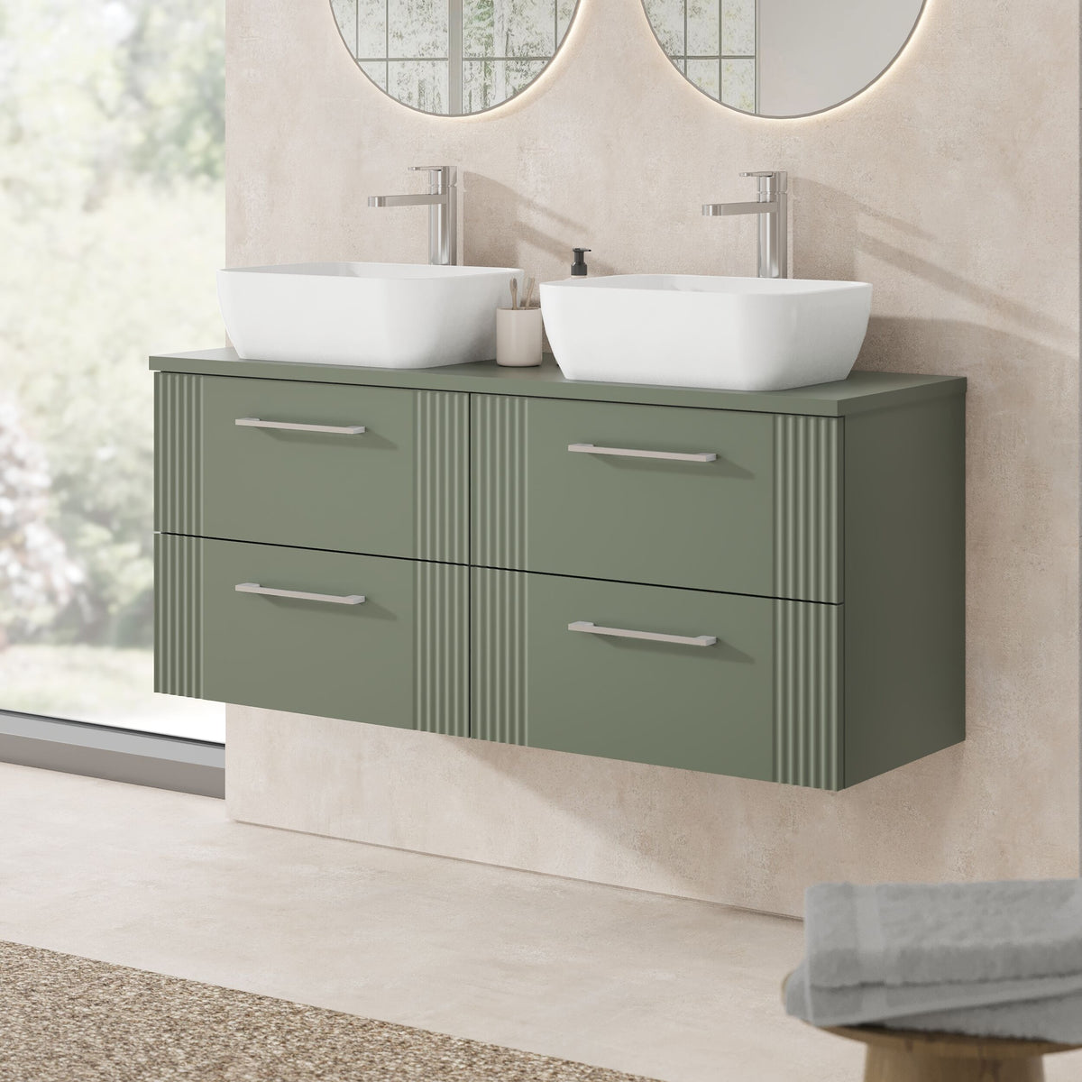 Modern Splash 1205mm Satin Green 4 Drawer Wall Hung Vanity Unit With Co-ordinating Worktop