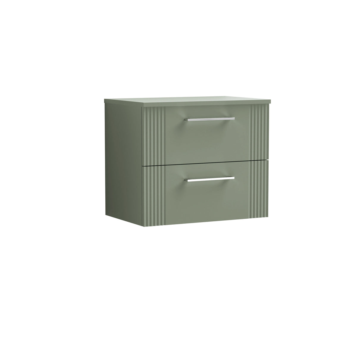 Modern Splash 600mm Satin Green Part Fluted 2 Drawer Wall Hung Vanity & Worktop With Co-ordinating Worktop