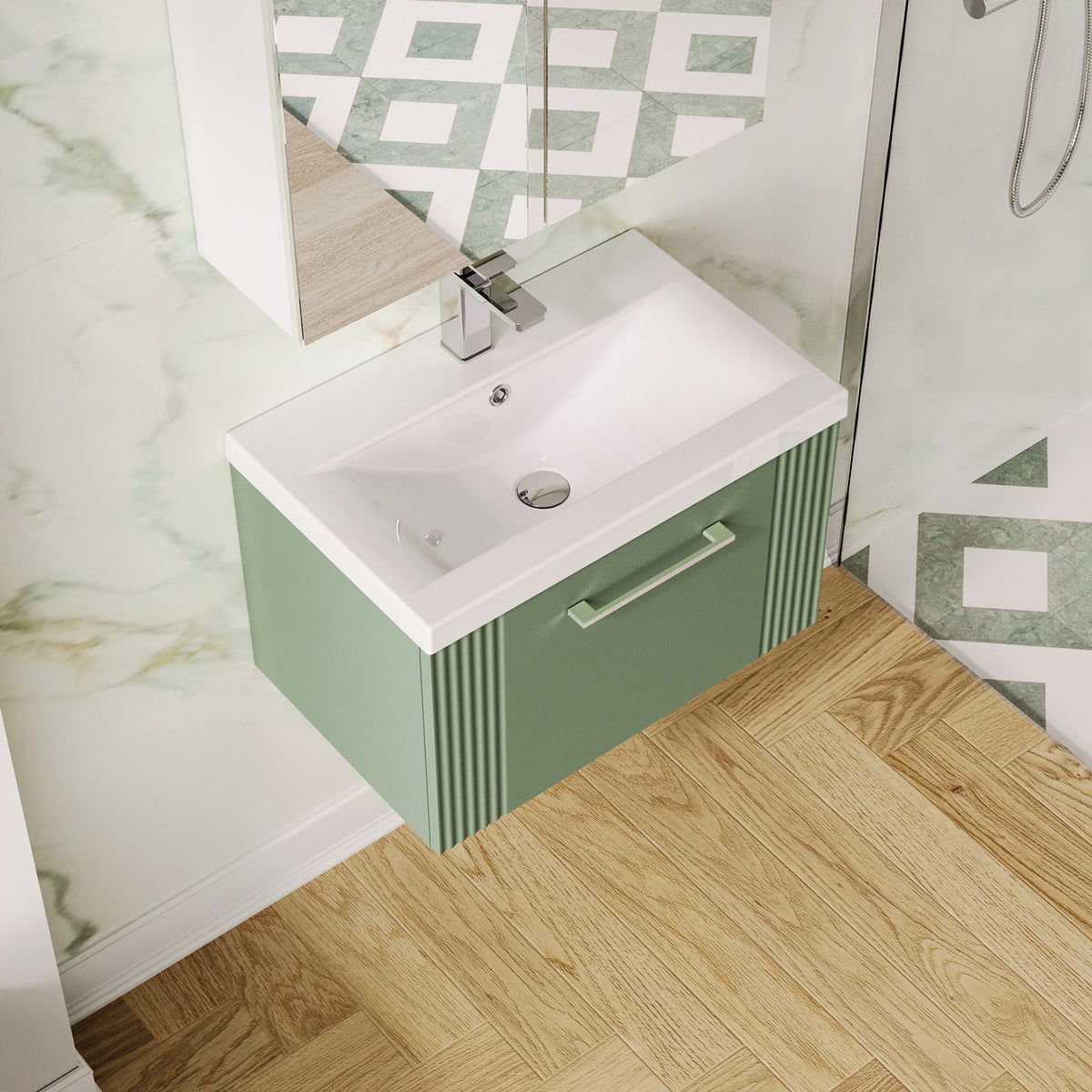 Modern Splash 600mm Satin Green 1 Drawer Wall Hung Vanity Unit With Mid-Edge Basin