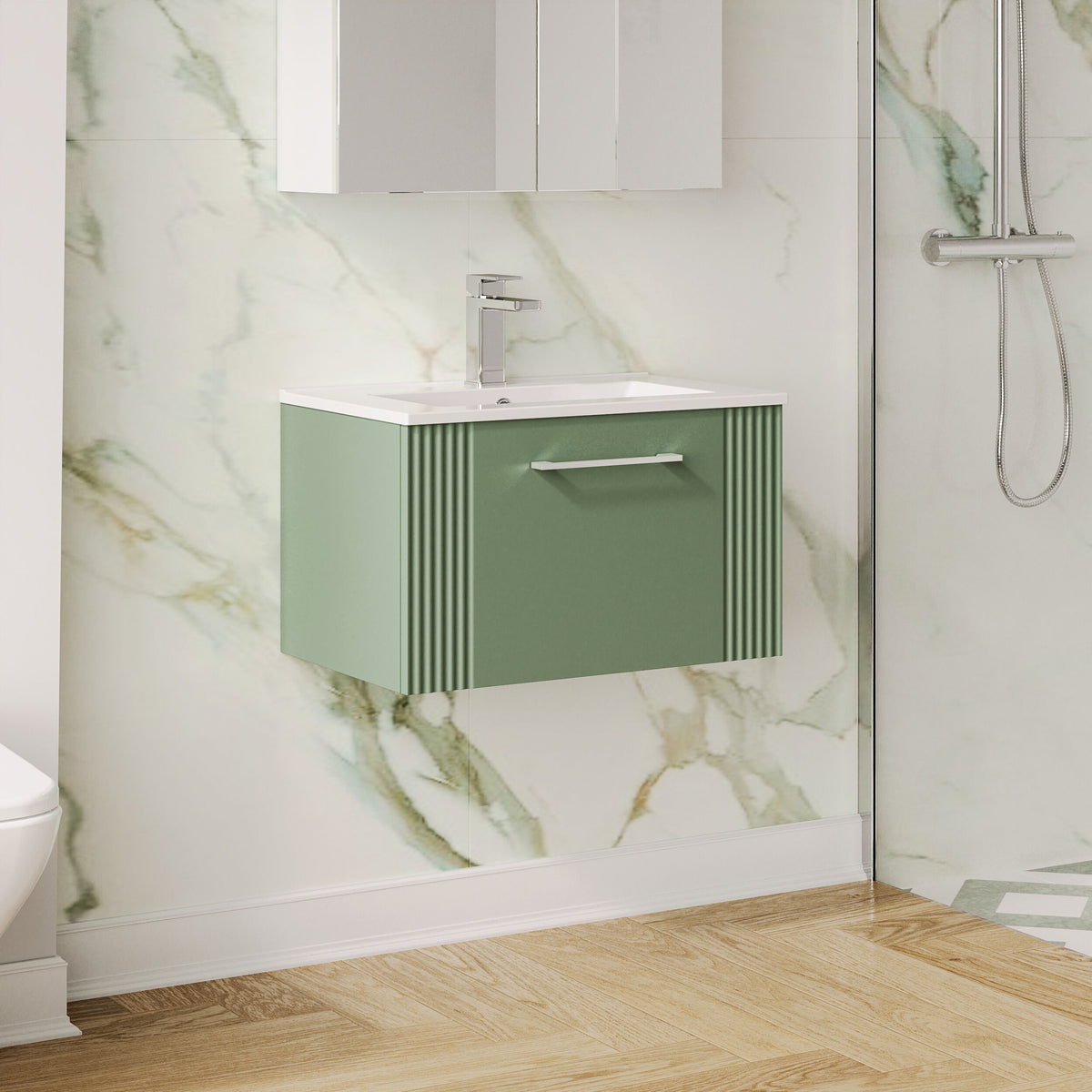 Modern Splash 600mm Satin Green 1 Drawer Wall Hung Vanity Unit With Minimalist Basin