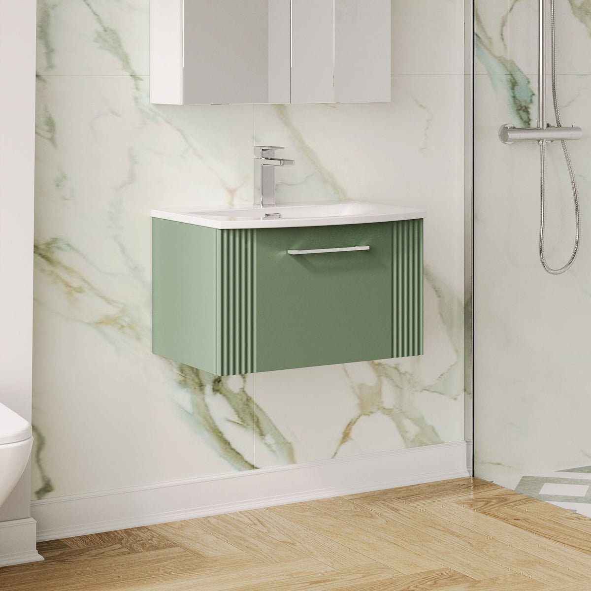 Modern Splash 600mm Satin Green 1 Drawer Wall Hung Vanity Unit With Curved Basin