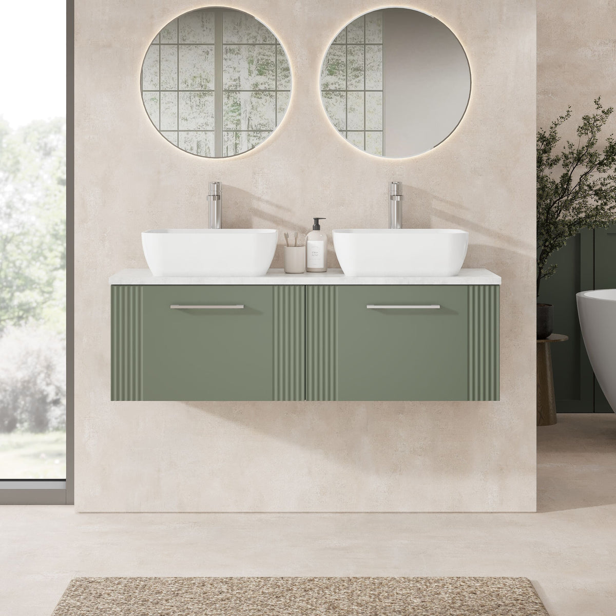Modern Splash 1200mm Wall Hung Satin Green Part Fluted Vanity Unit With Bellato Grey Worktop