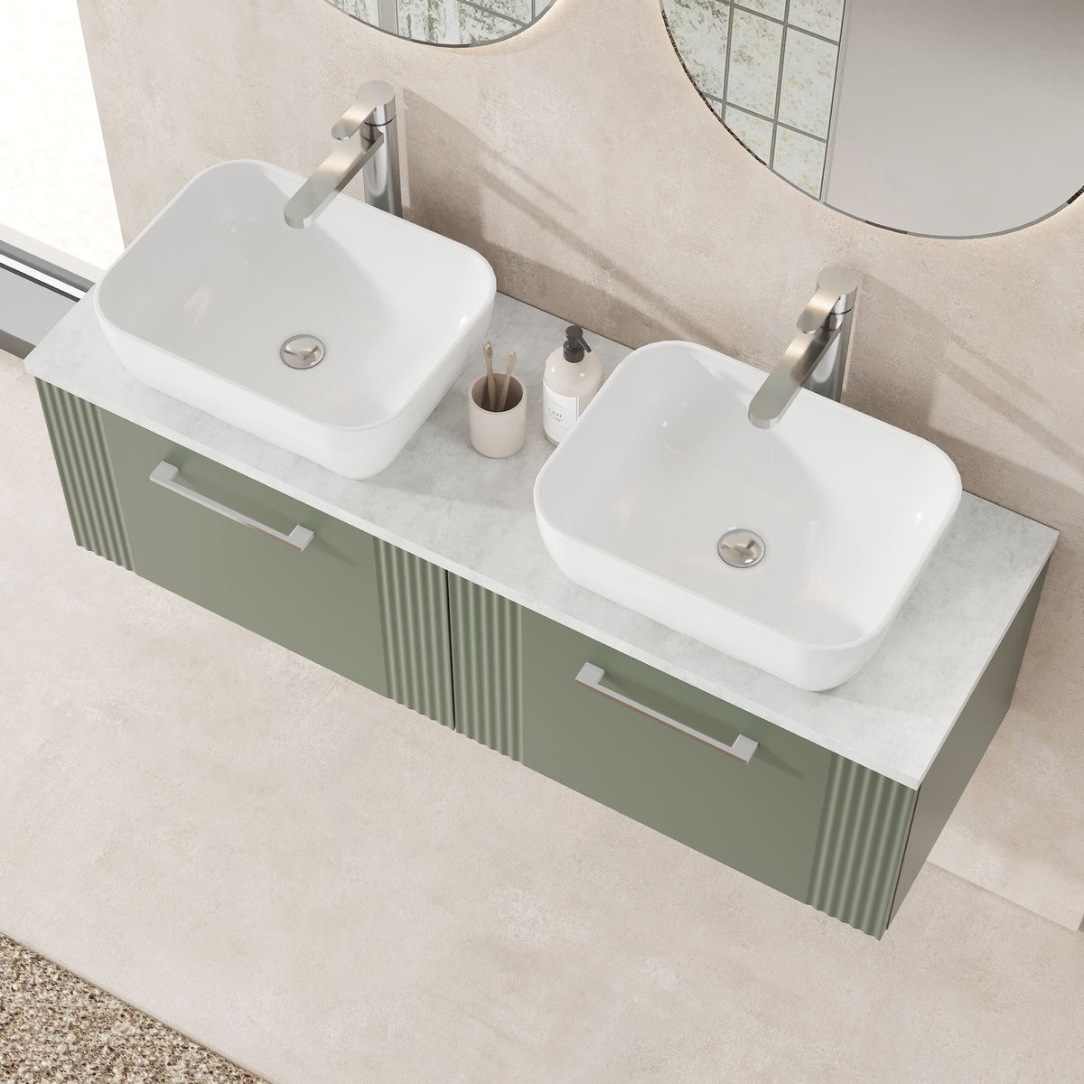 Modern Splash 1200mm Wall Hung Satin Green Part Fluted Vanity Unit With Bellato Grey Worktop