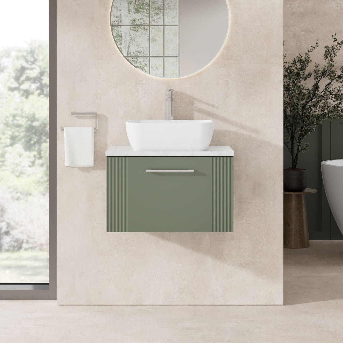 Modern Splash 600mm Satin Green 1 Drawer Wall Hung Vanity With Bellato Grey Worktop