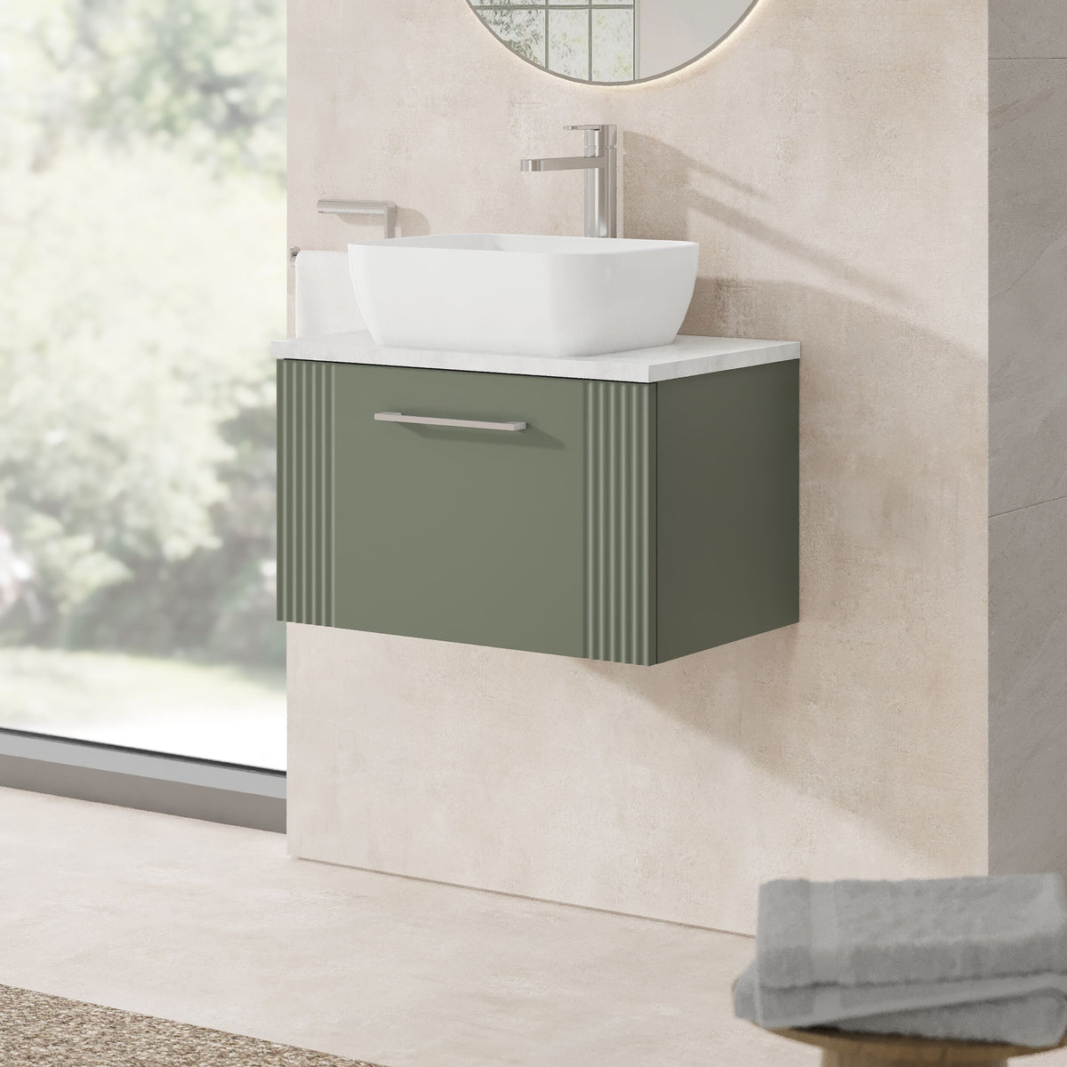 Modern Splash 600mm Satin Green 1 Drawer Wall Hung Vanity With Bellato Grey Worktop