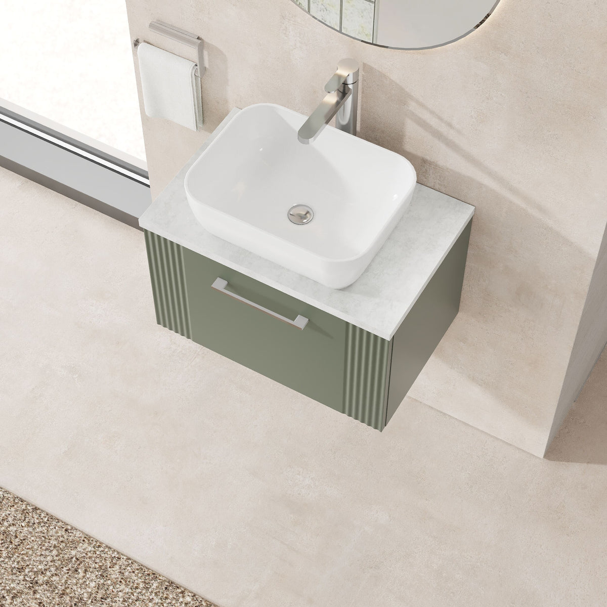 Modern Splash 600mm Satin Green 1 Drawer Wall Hung Vanity With Bellato Grey Worktop