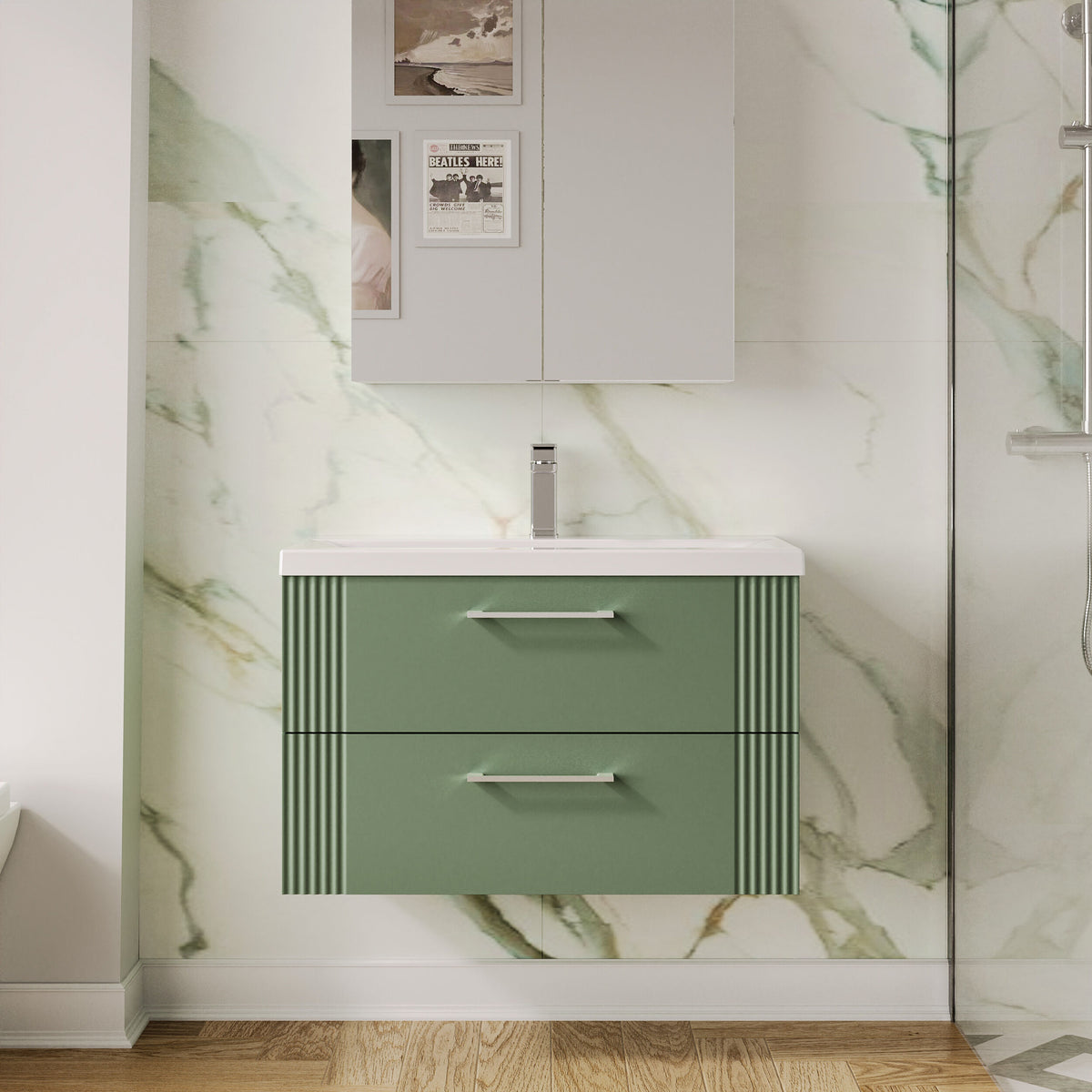 Modern Splash 800mm Satin Green 2 Drawer Wall Hung Vanity Unit With Mid-Edge Basin