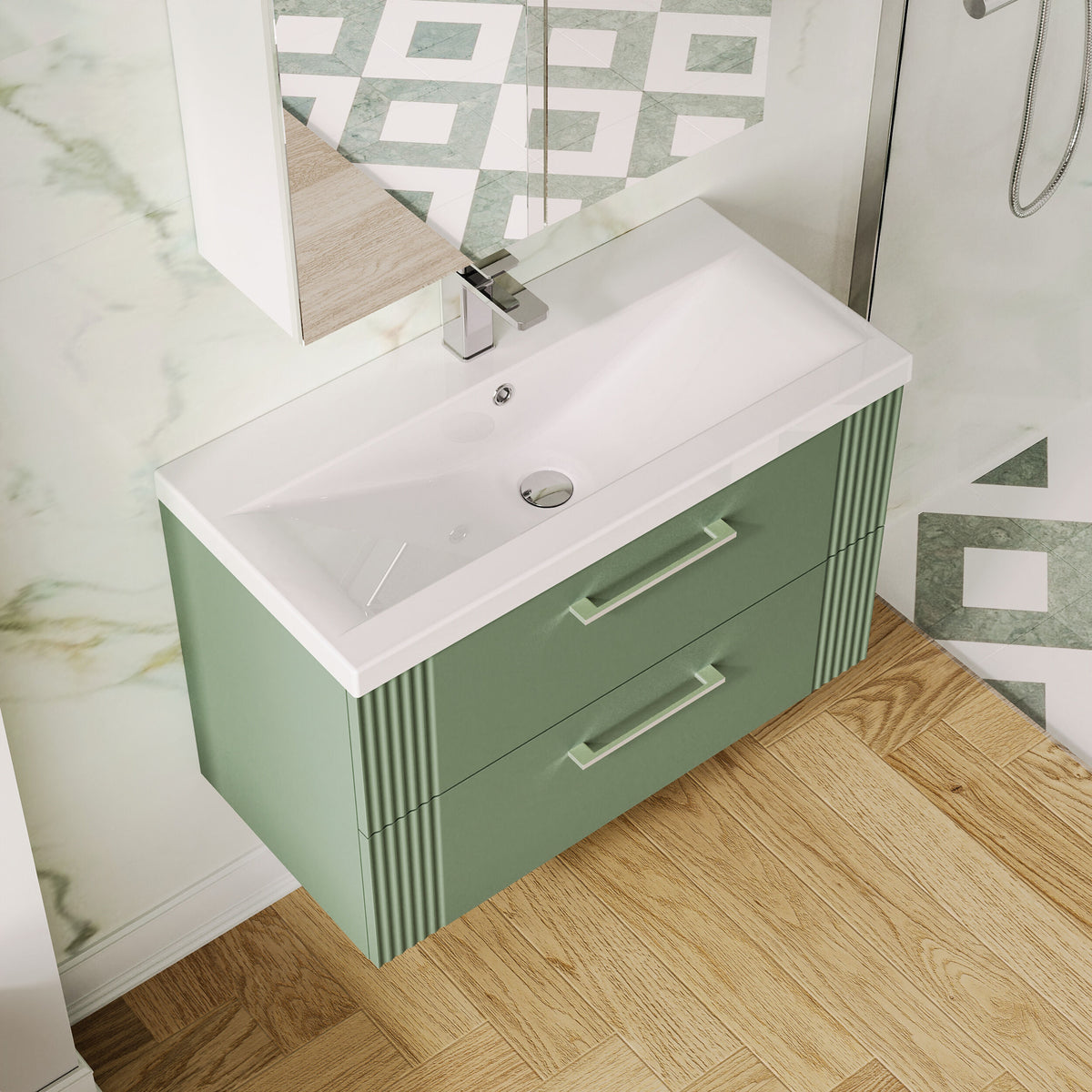 Modern Splash 800mm Satin Green 2 Drawer Wall Hung Vanity Unit With Mid-Edge Basin